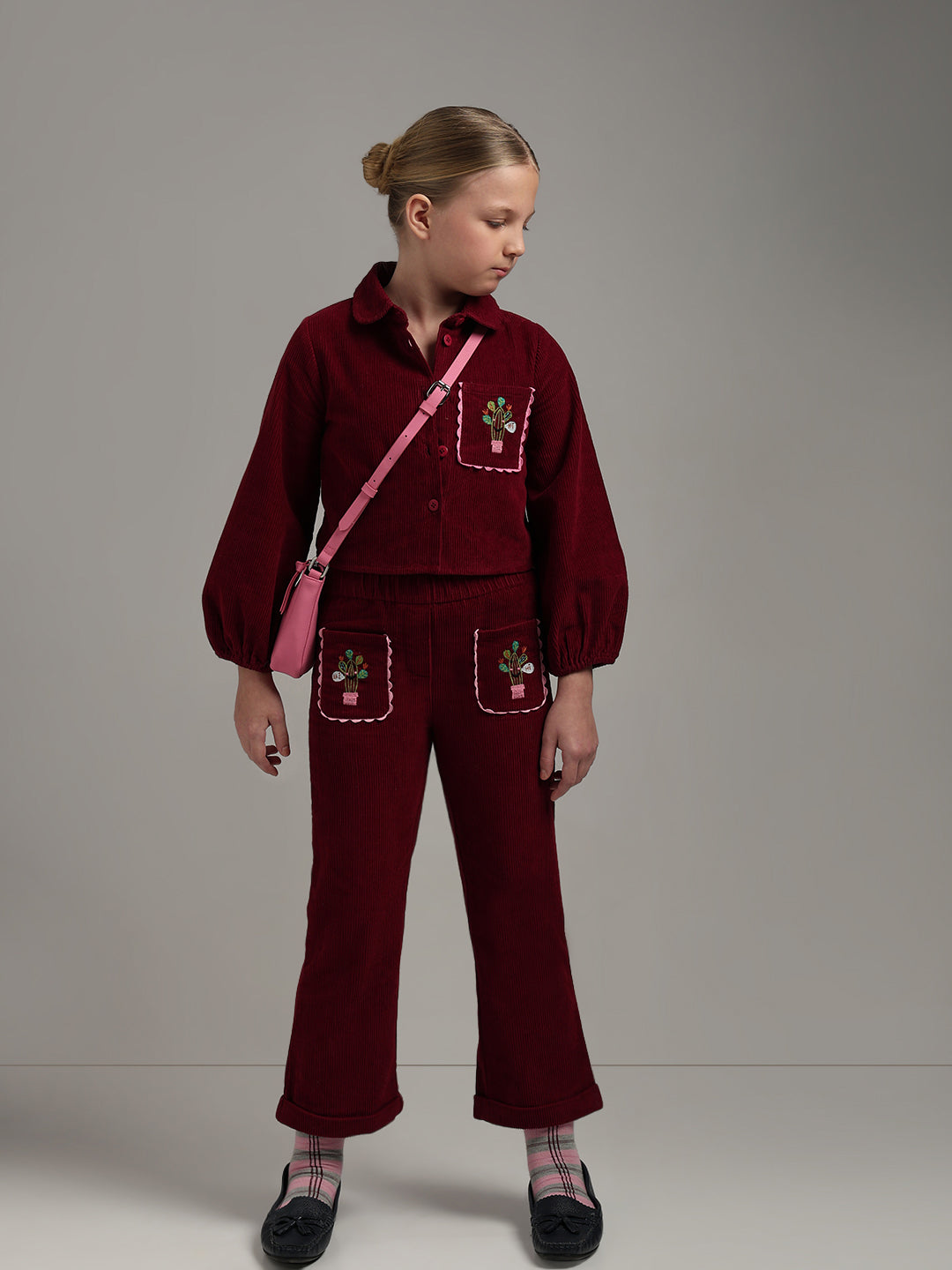GIRLS Maroon Embroidered Corduroy Pants