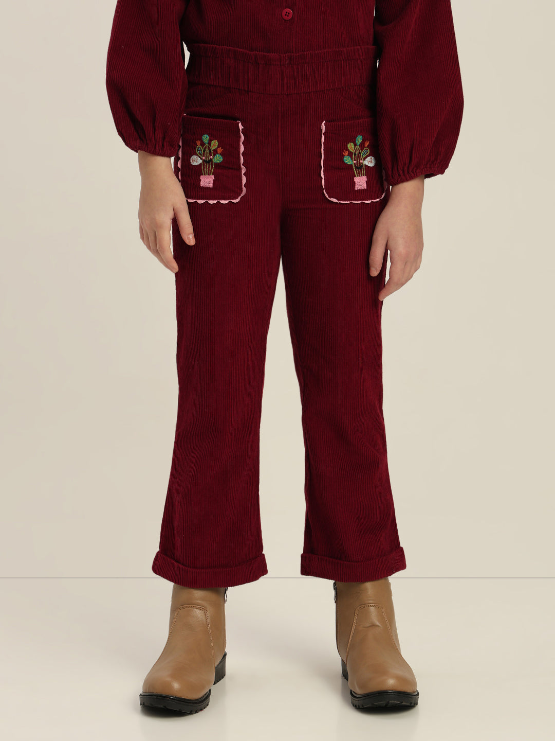 GIRLS Maroon Embroidered Corduroy Pants
