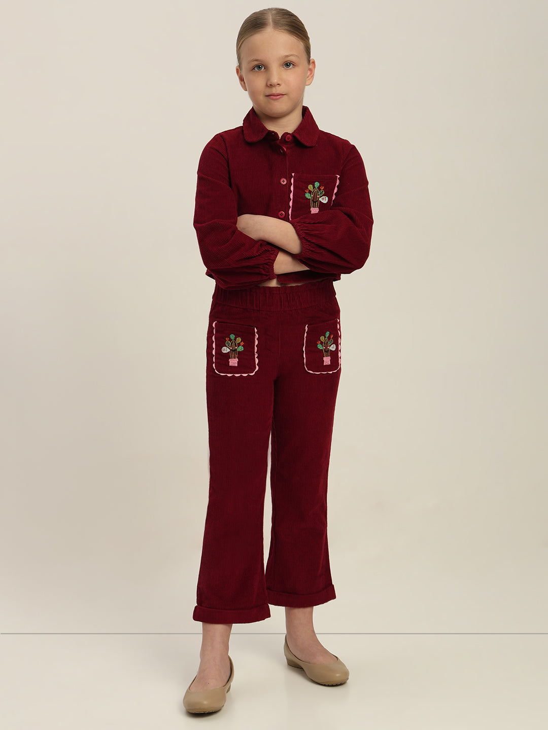 GIRLS Maroon Embroidered Corduroy Pants