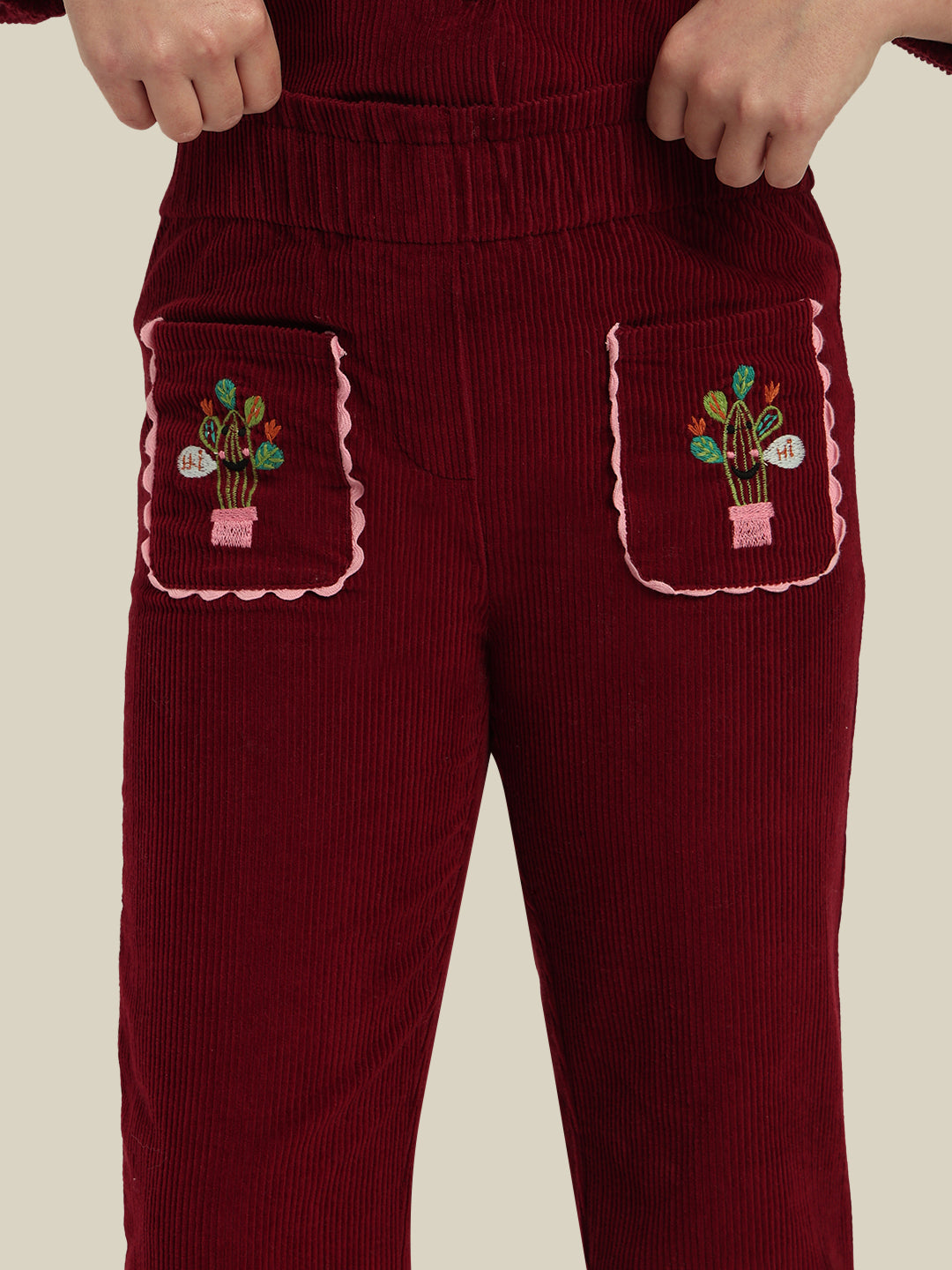 GIRLS Maroon Embroidered Corduroy Pants