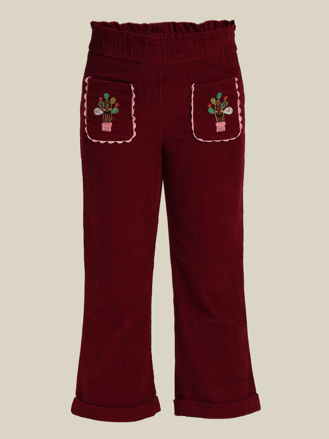 GIRLS Maroon Embroidered Corduroy Pants