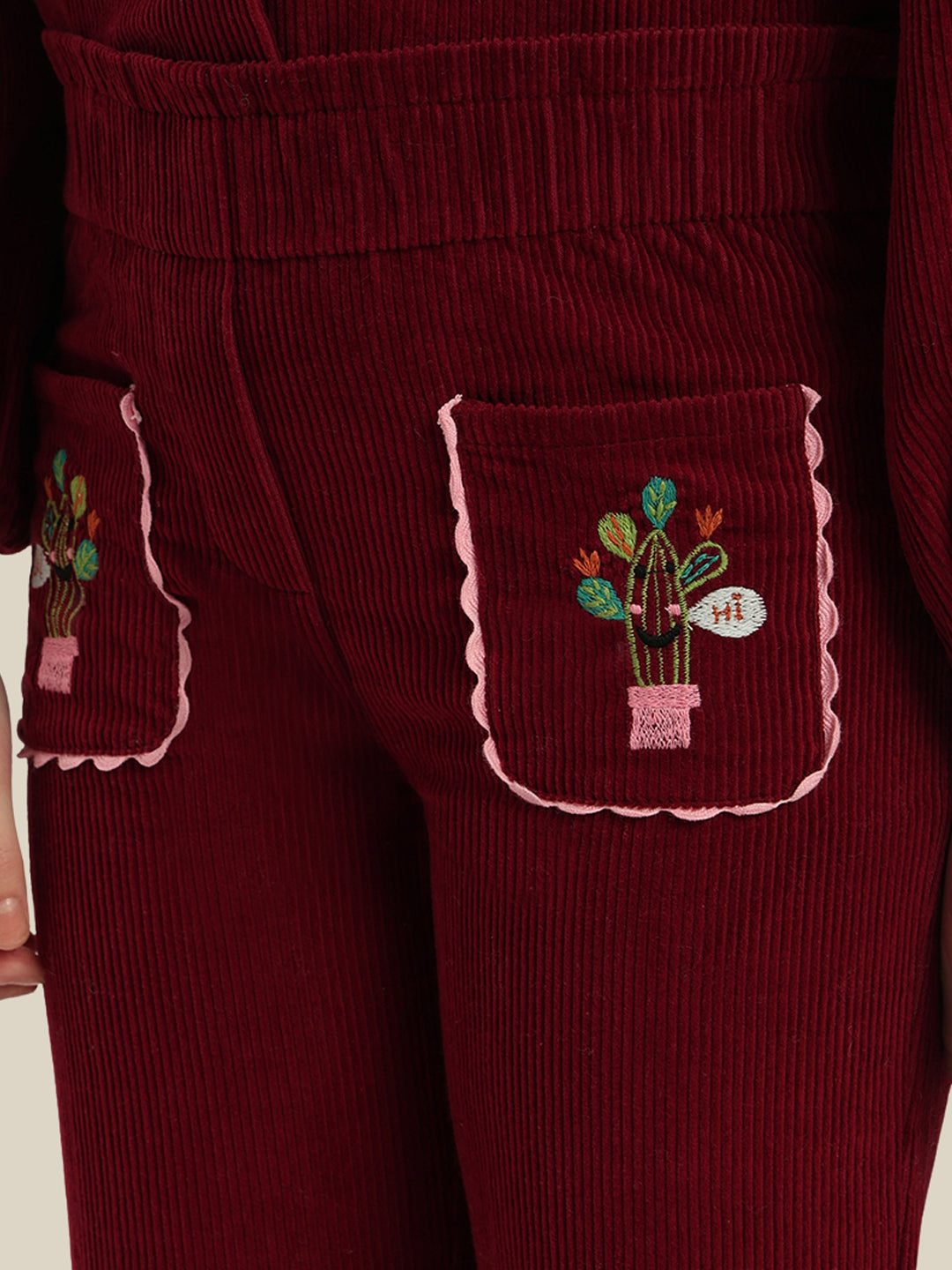 GIRLS Maroon Embroidered Corduroy Pants