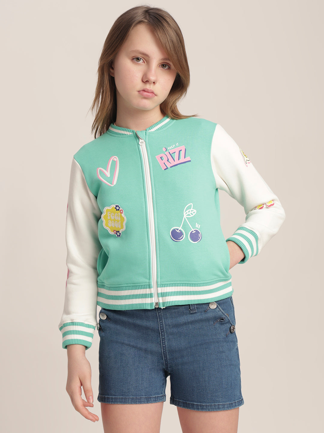 Girls Green Varsity Bomber Jacket