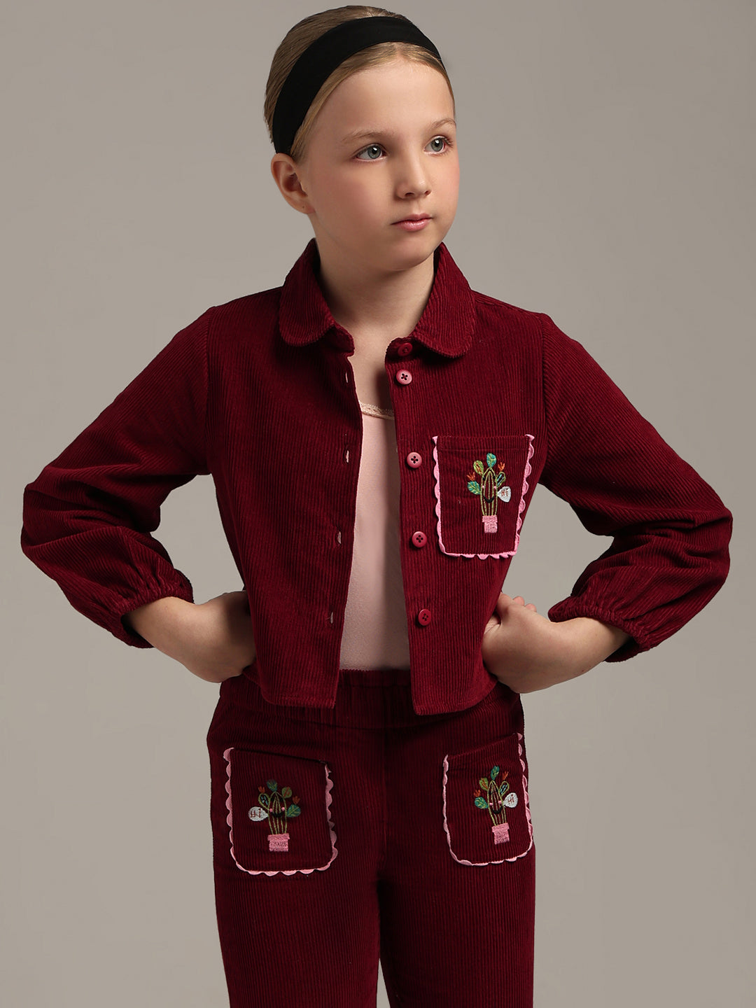 GIRLS Maroon Embroidered Corduroy Shirt