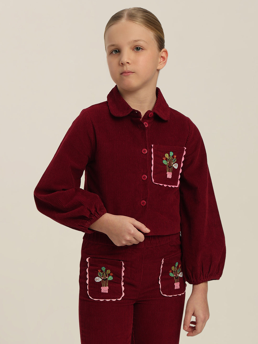 GIRLS Maroon Embroidered Corduroy Shirt
