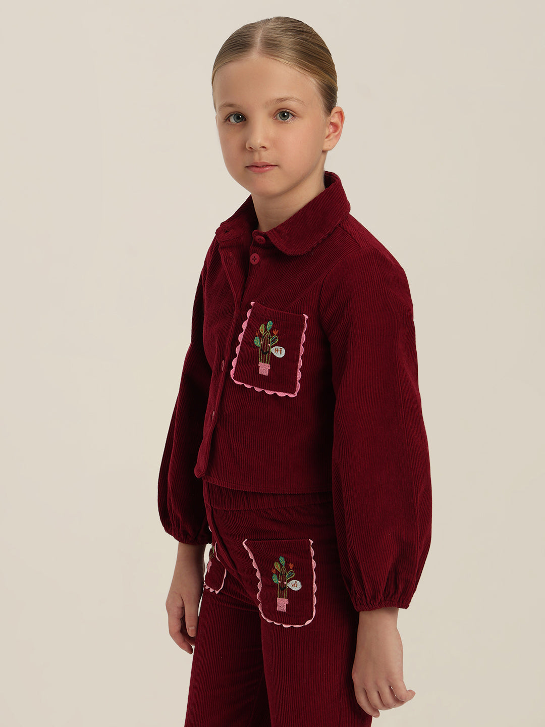GIRLS Maroon Embroidered Corduroy Shirt