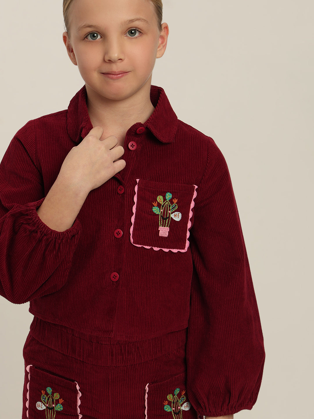 GIRLS Maroon Embroidered Corduroy Shirt