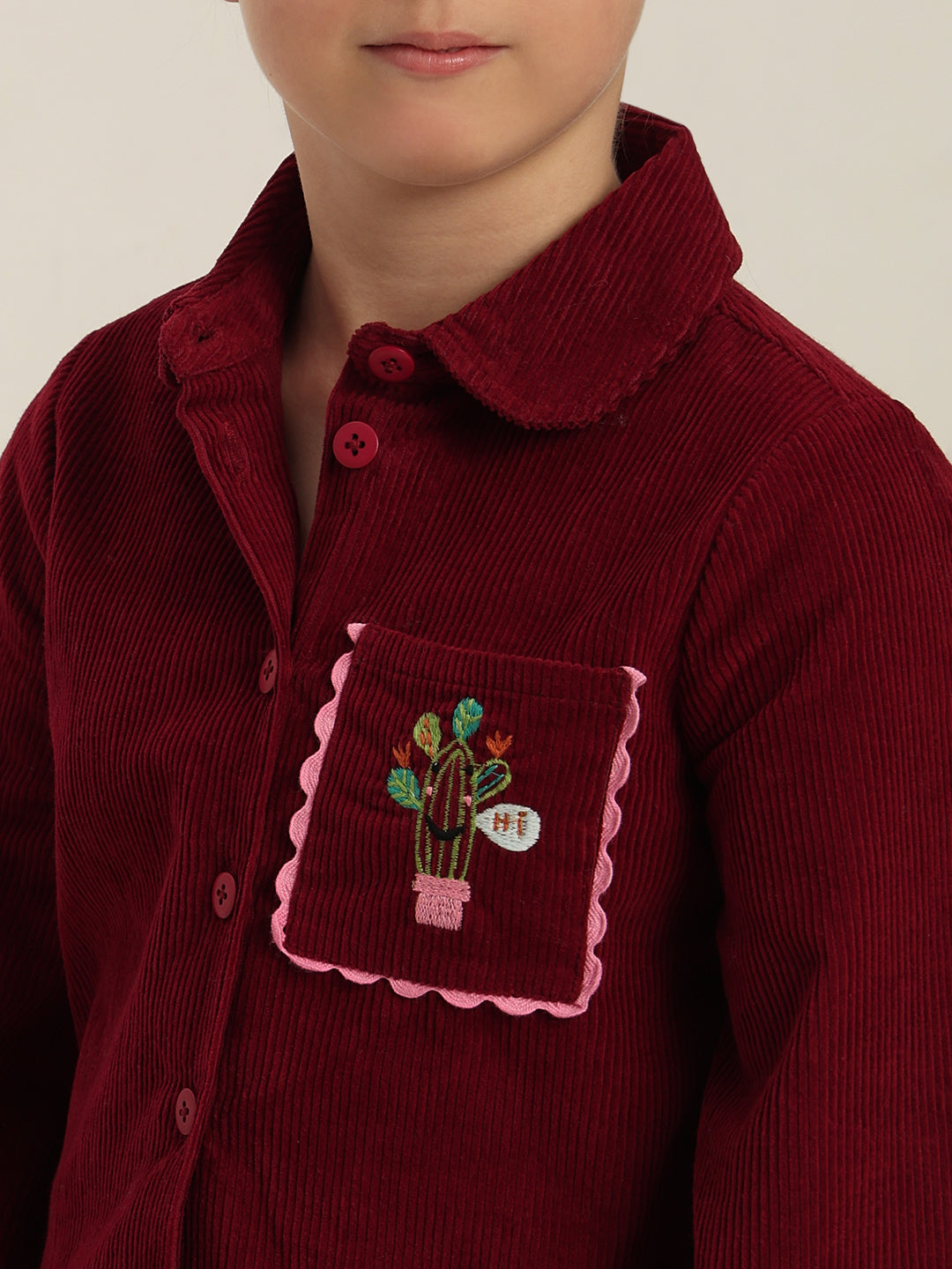 GIRLS Maroon Embroidered Corduroy Shirt