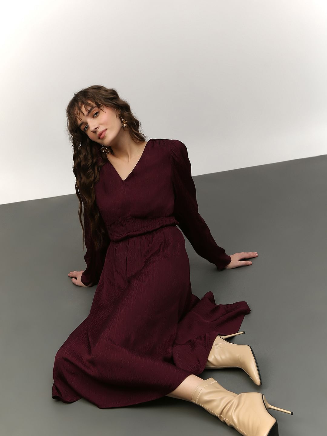 Maroon V Neck Jacquard Dress