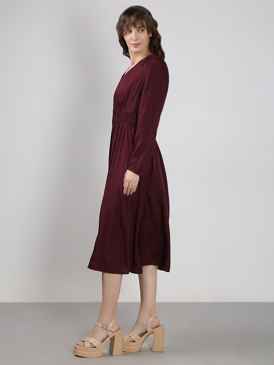 Maroon V Neck Jacquard Dress