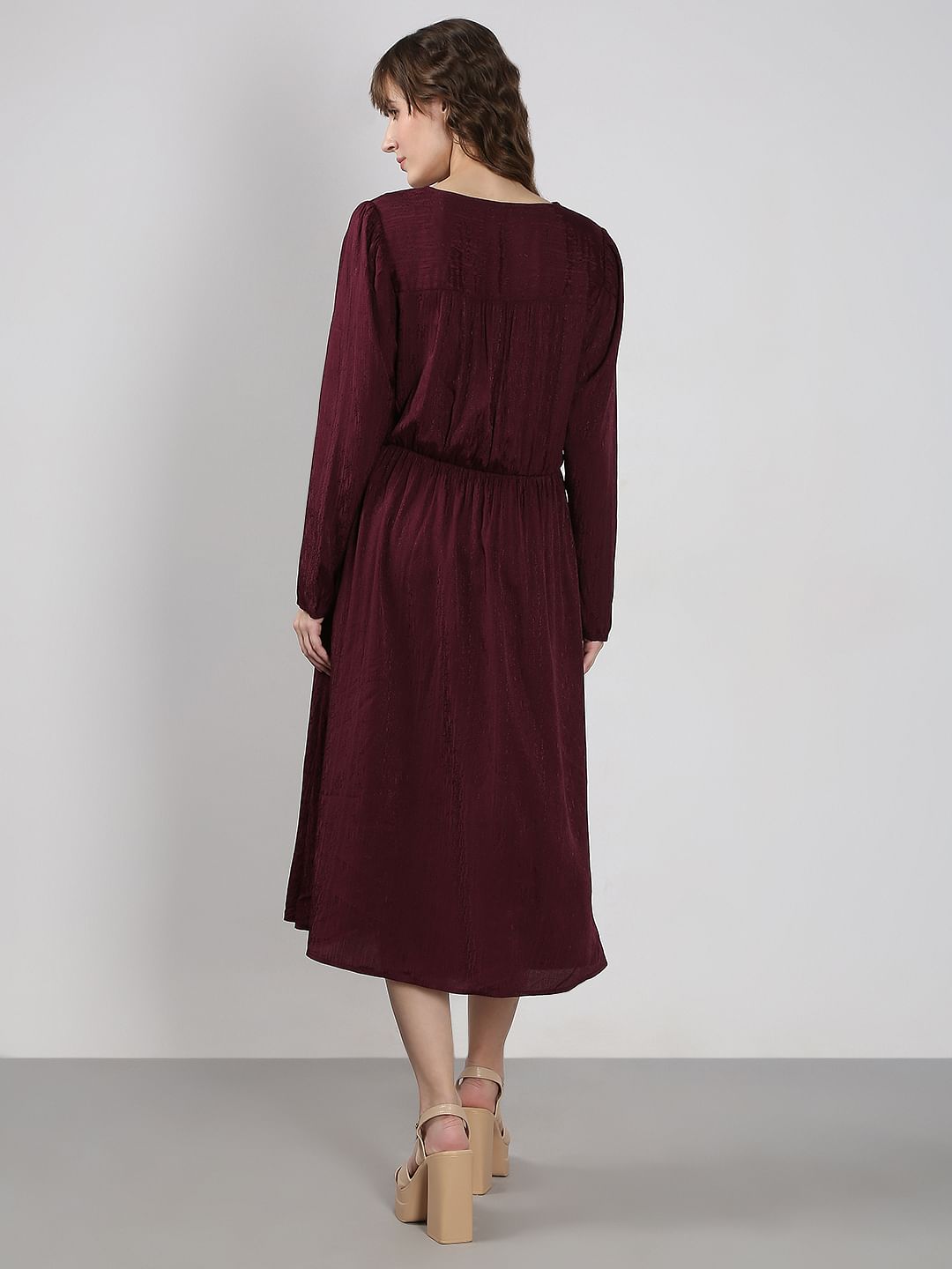 Maroon V Neck Jacquard Dress