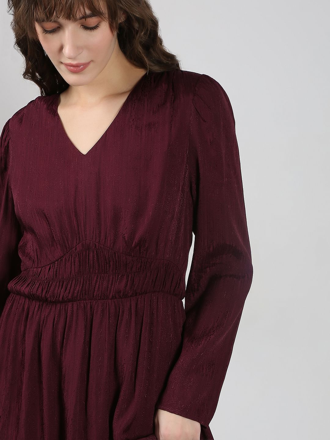 Maroon V Neck Jacquard Dress