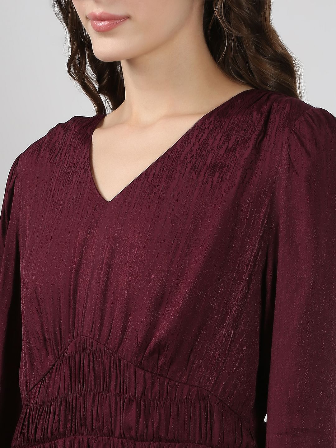 Maroon V Neck Jacquard Dress