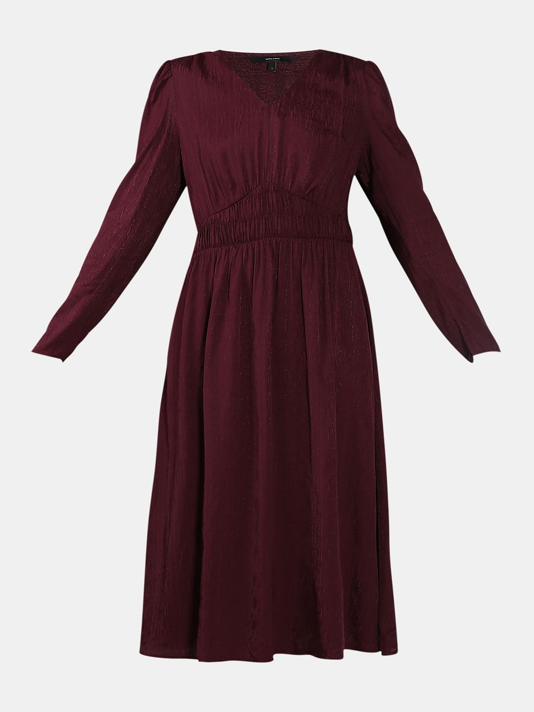 Maroon V Neck Jacquard Dress