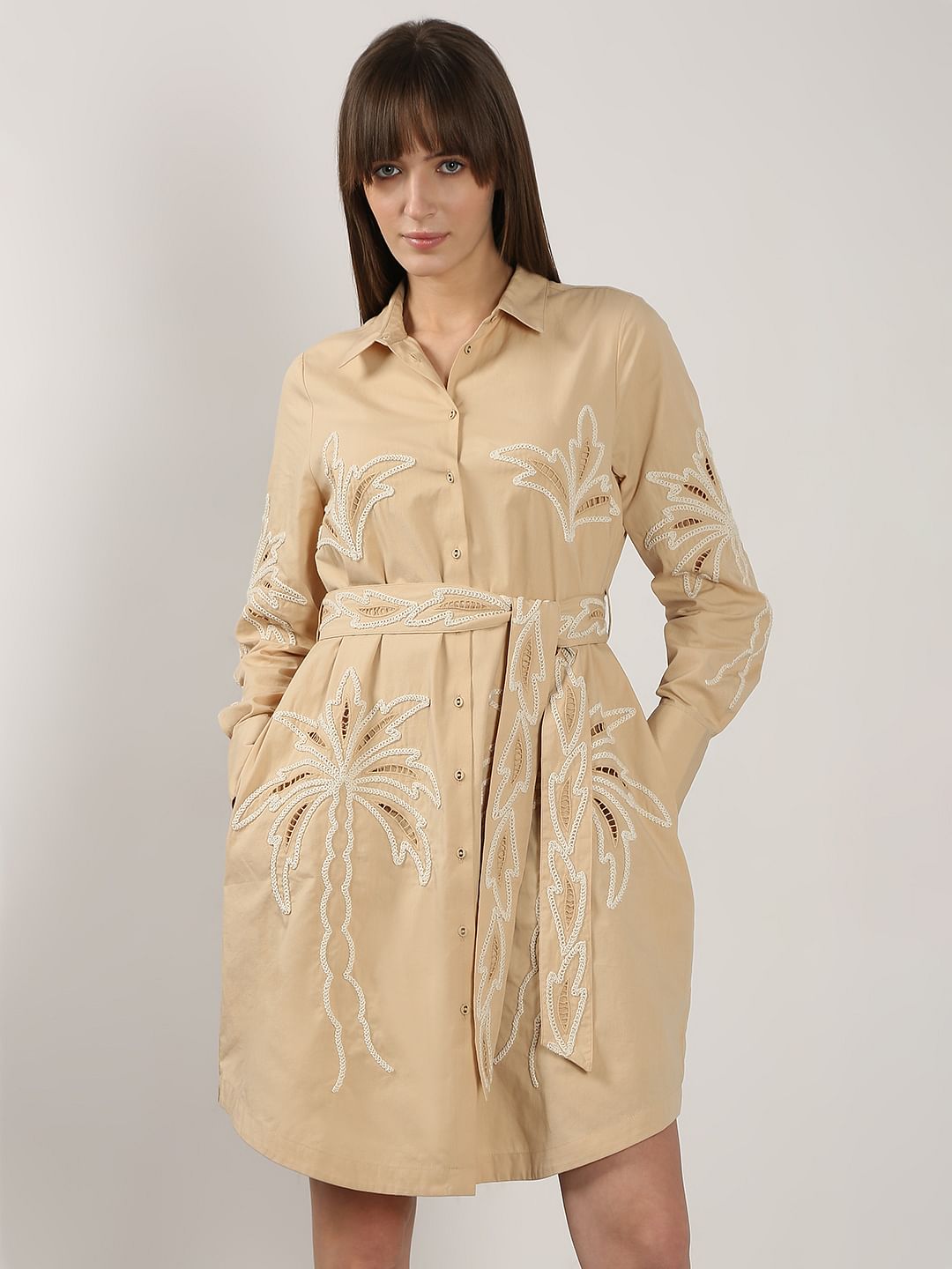 Beige Embroidered Print Shirt Dress