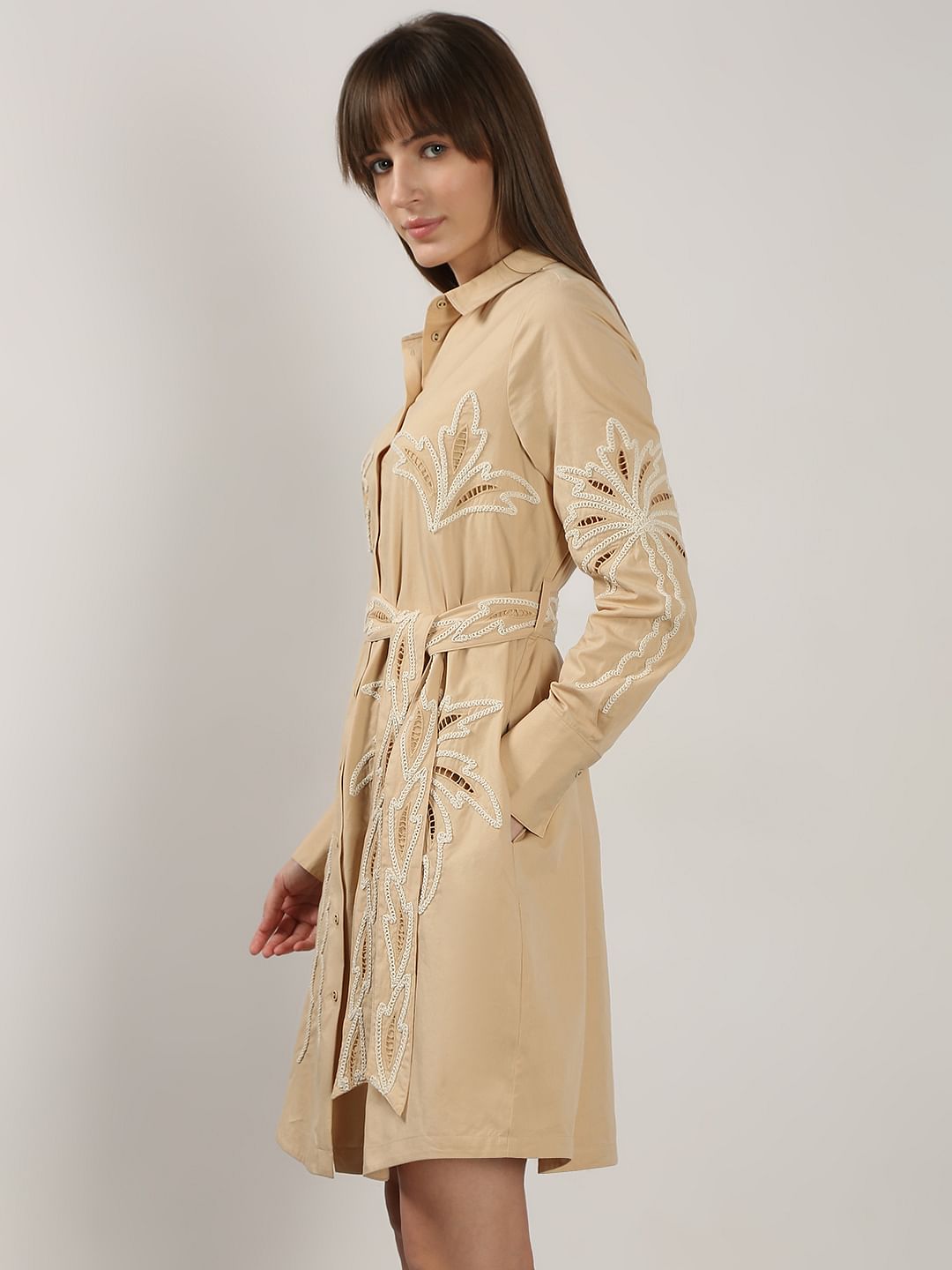 Beige Embroidered Print Shirt Dress