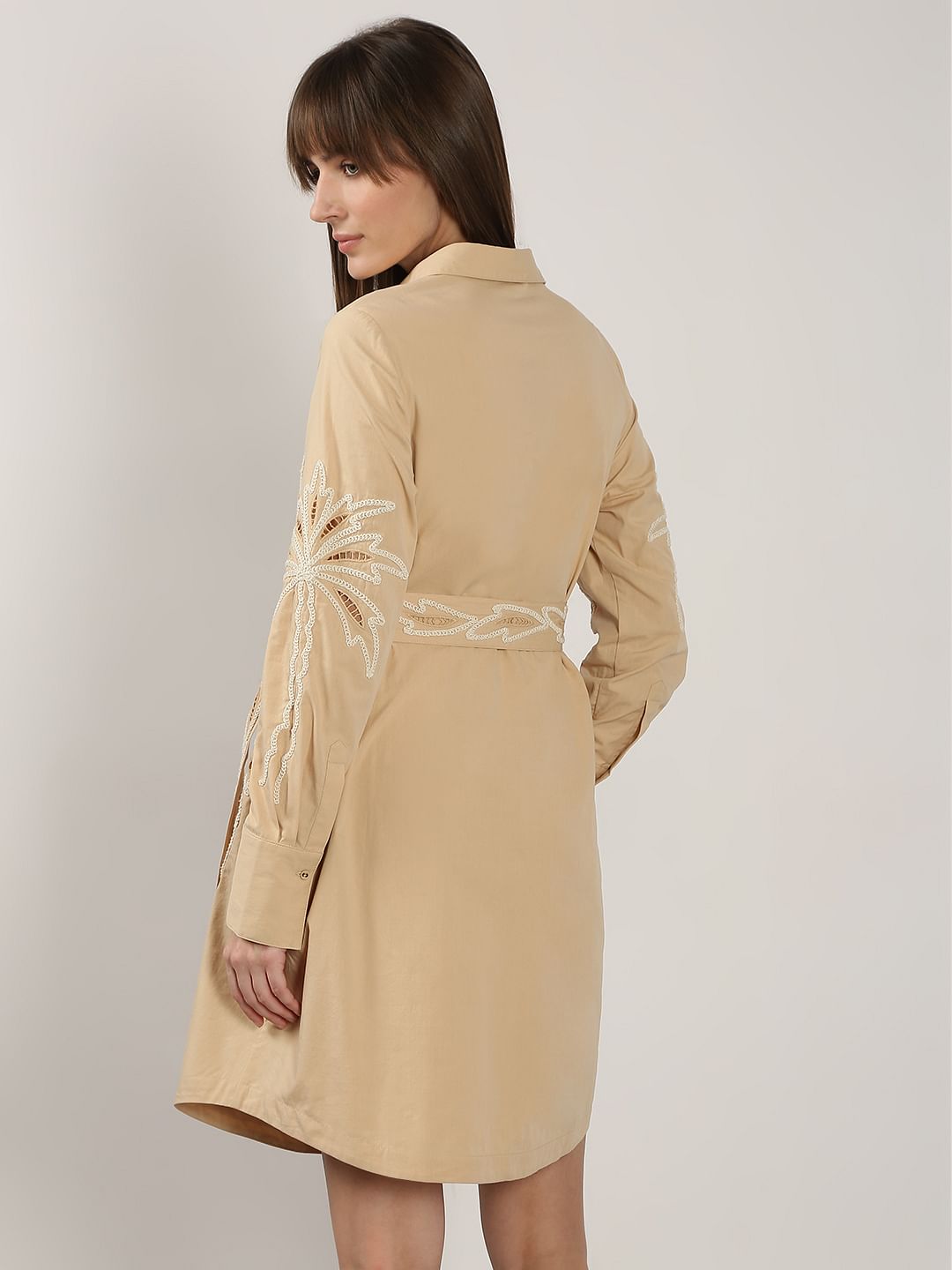 Beige Embroidered Print Shirt Dress