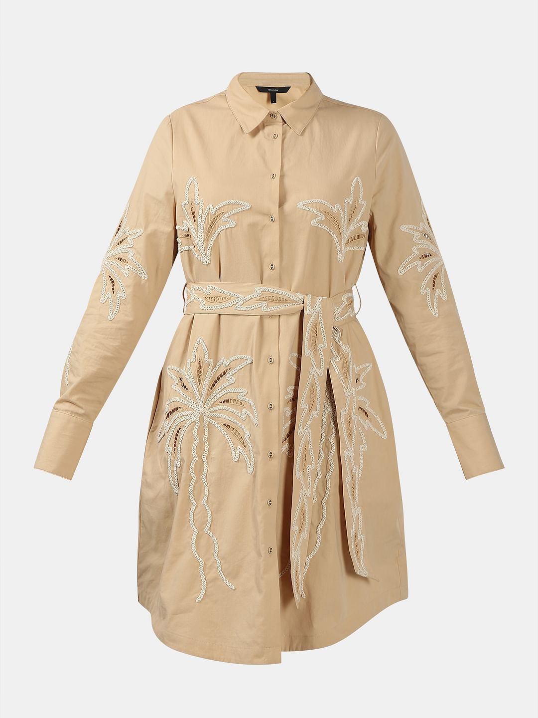 Beige Embroidered Print Shirt Dress