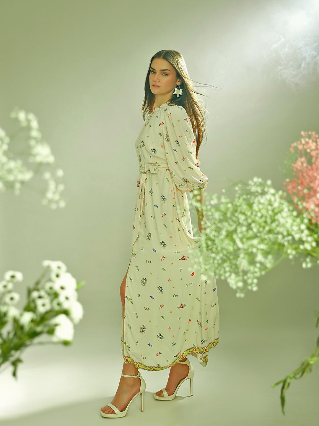 VERO MODA Ecru Printed Midaxi Dress