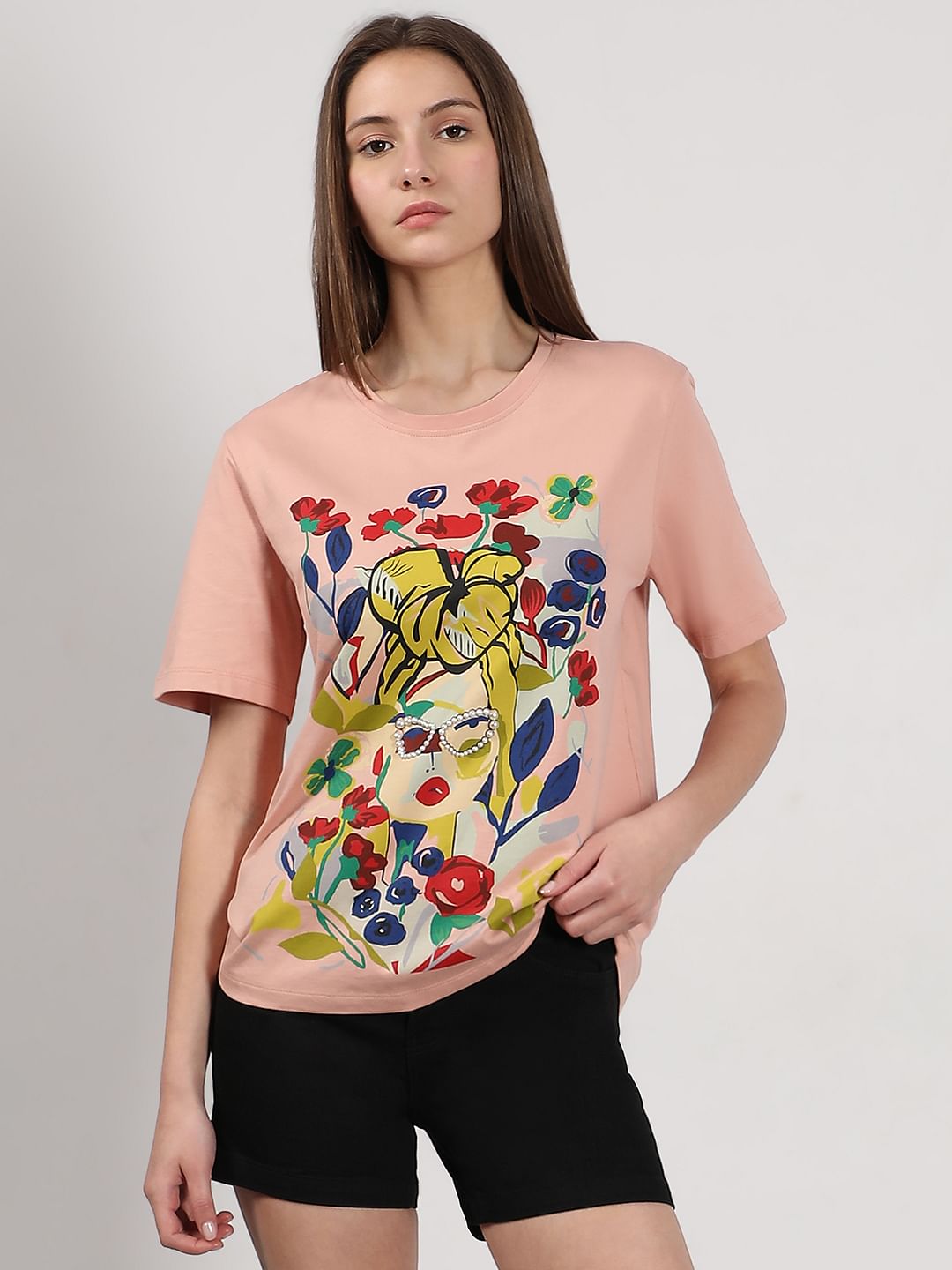 Pink Printed Cotton T-Shirt