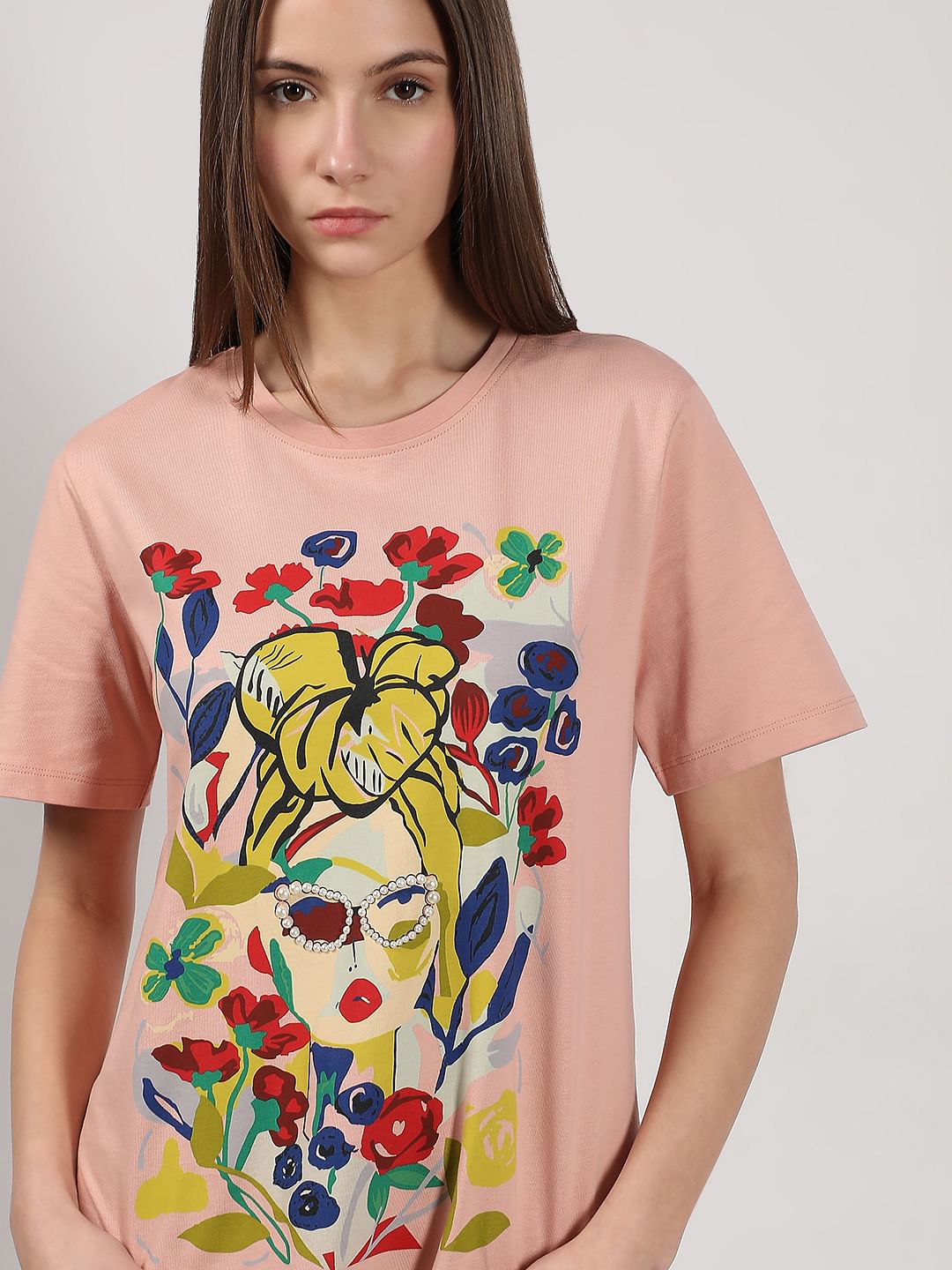 Pink Printed Cotton T-Shirt