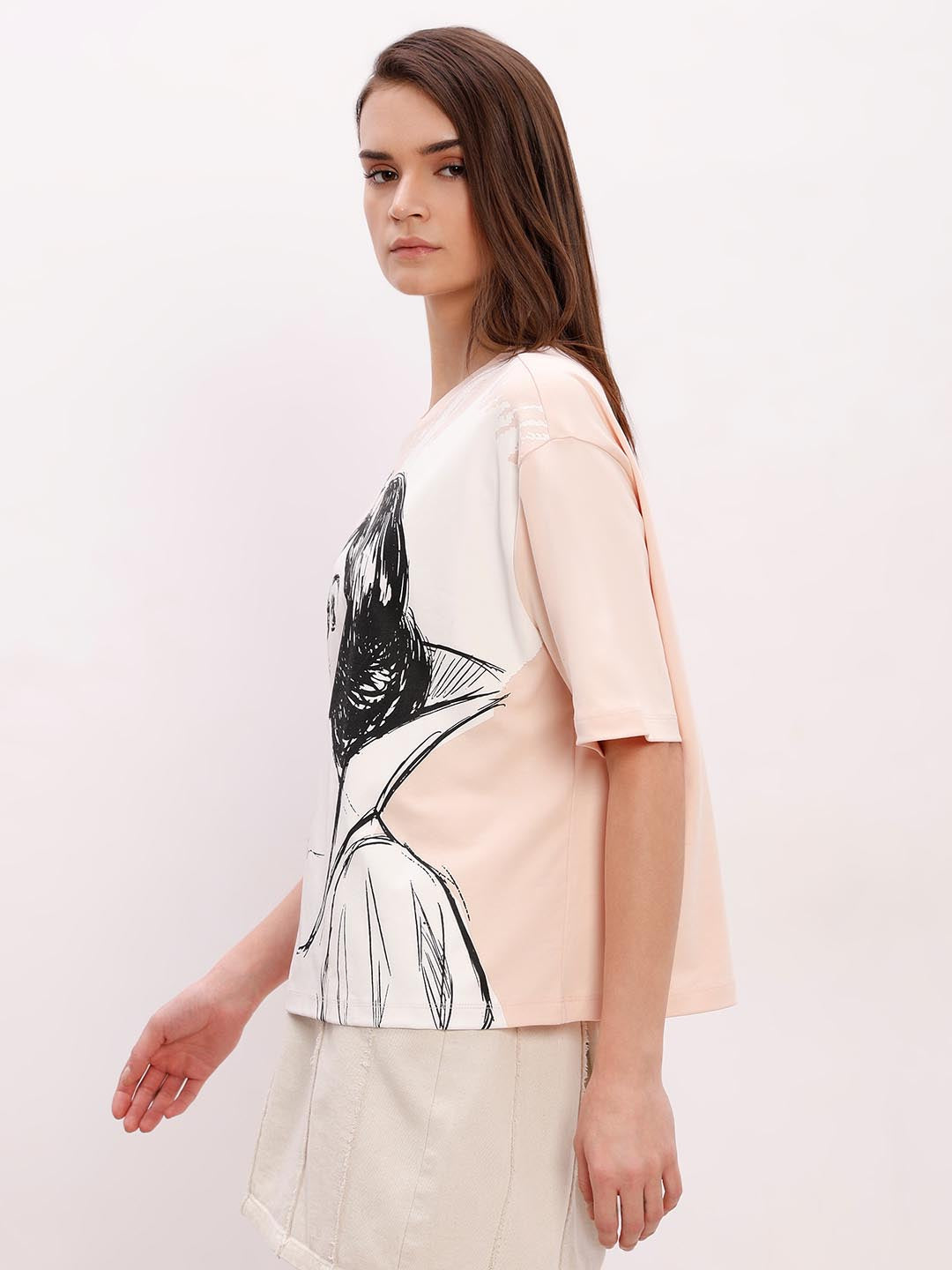 Vero Moda Peach Printed Cotton T-Shirt