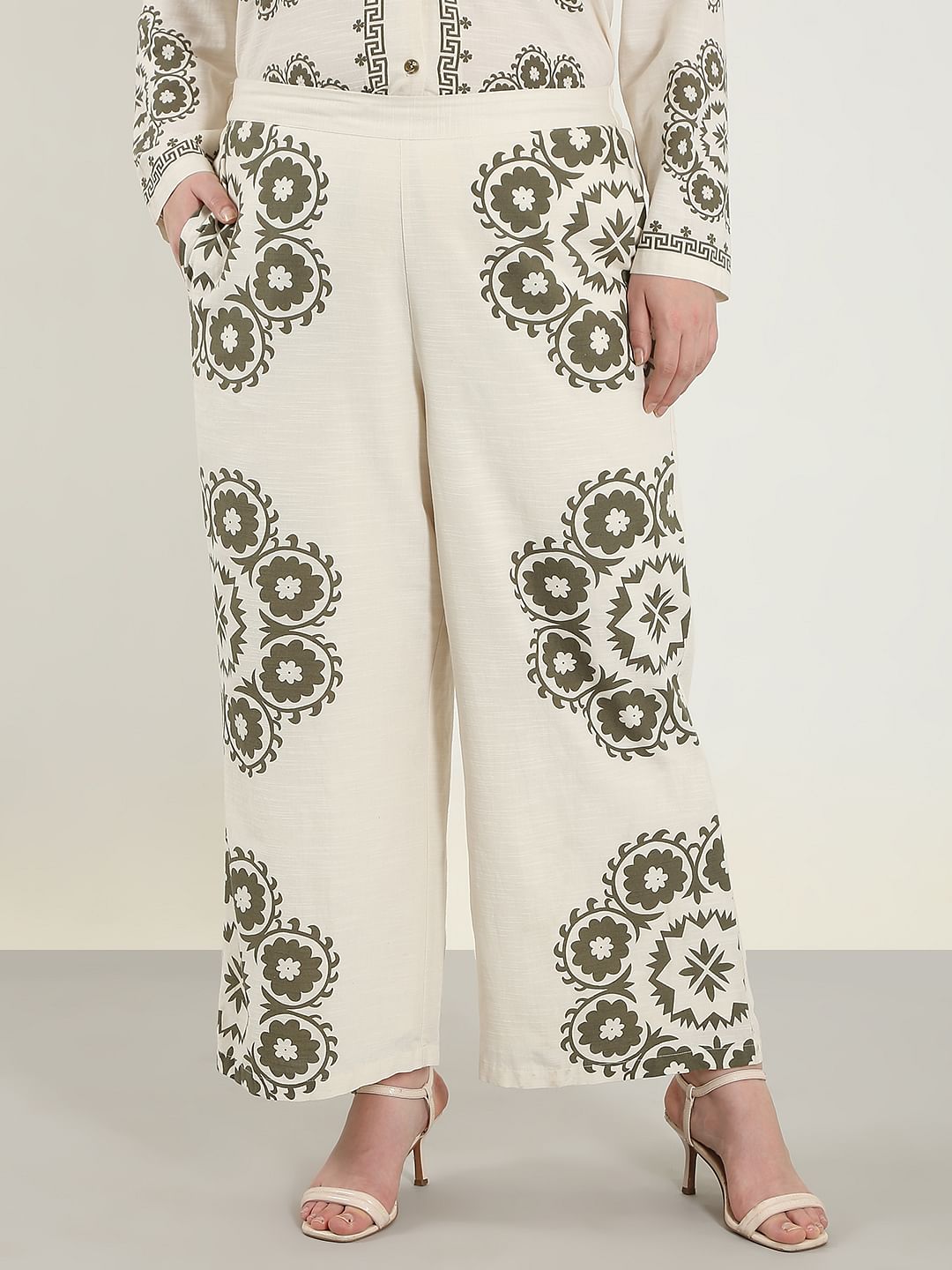 Curve Ecru Printed Co-Ord Set Pants