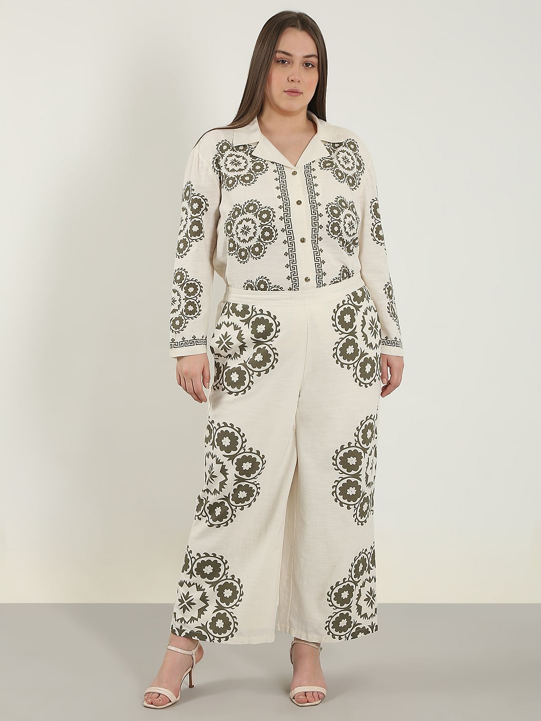 Curve Ecru Printed Co-Ord Set Pants
