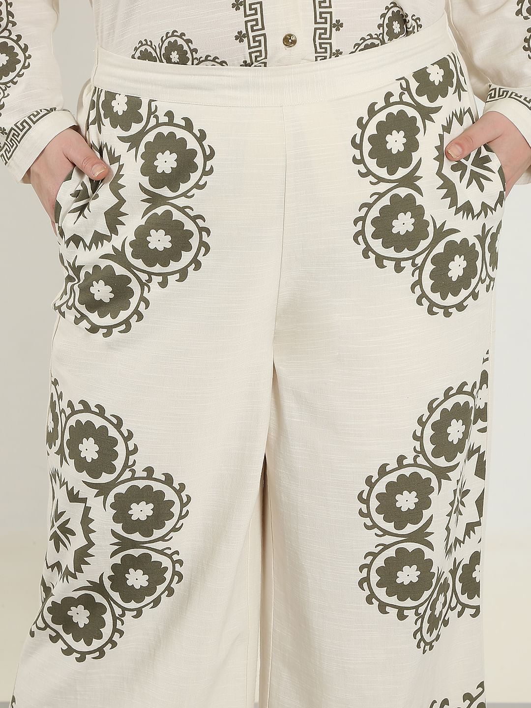 Curve Ecru Printed Co-Ord Set Pants