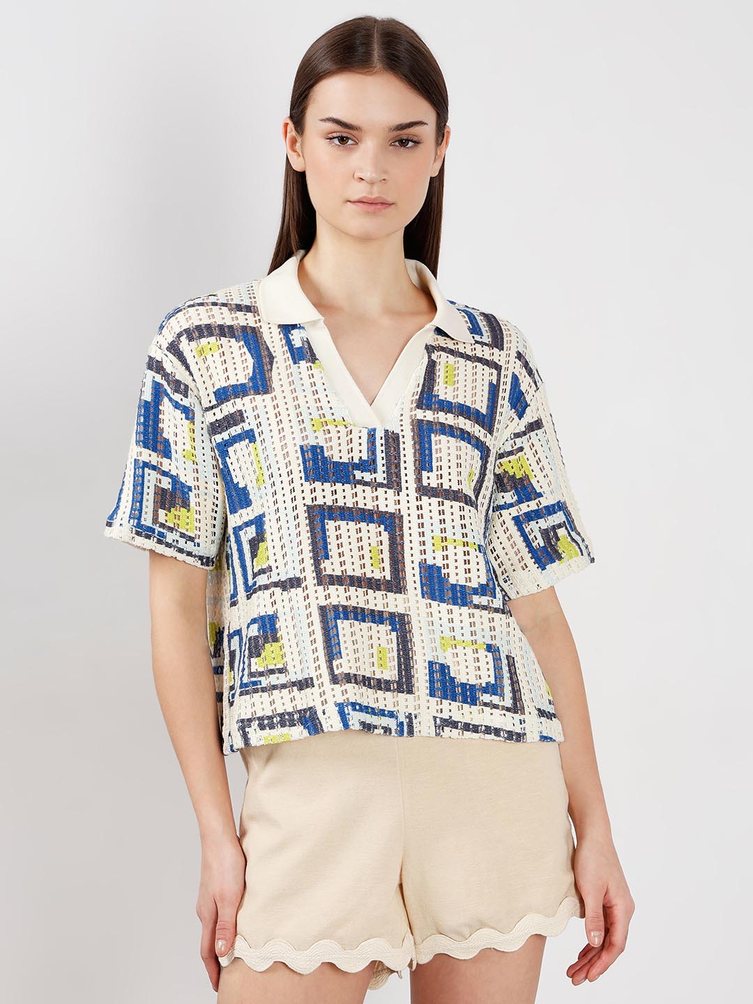 Vero Moda off-White Printed Knitted Polo