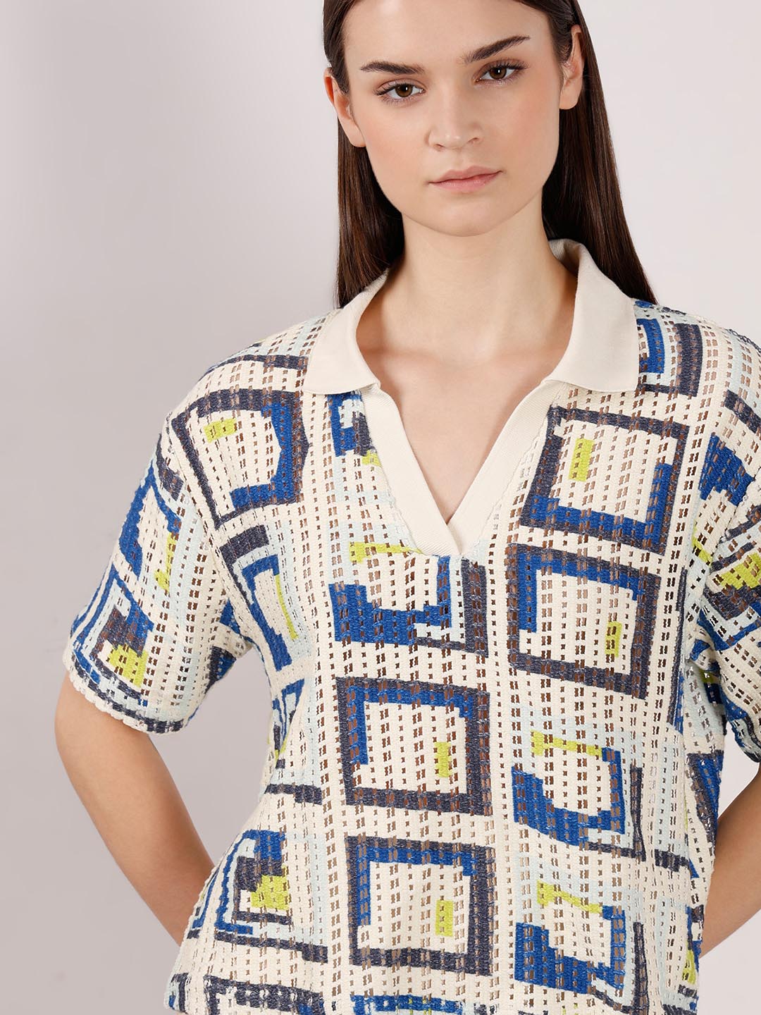 Vero Moda off-White Printed Knitted Polo