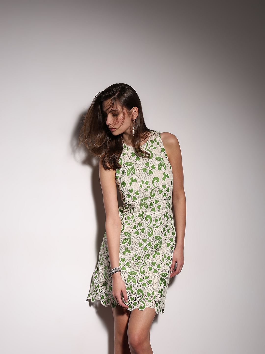 Green Embroidered Mini Dress