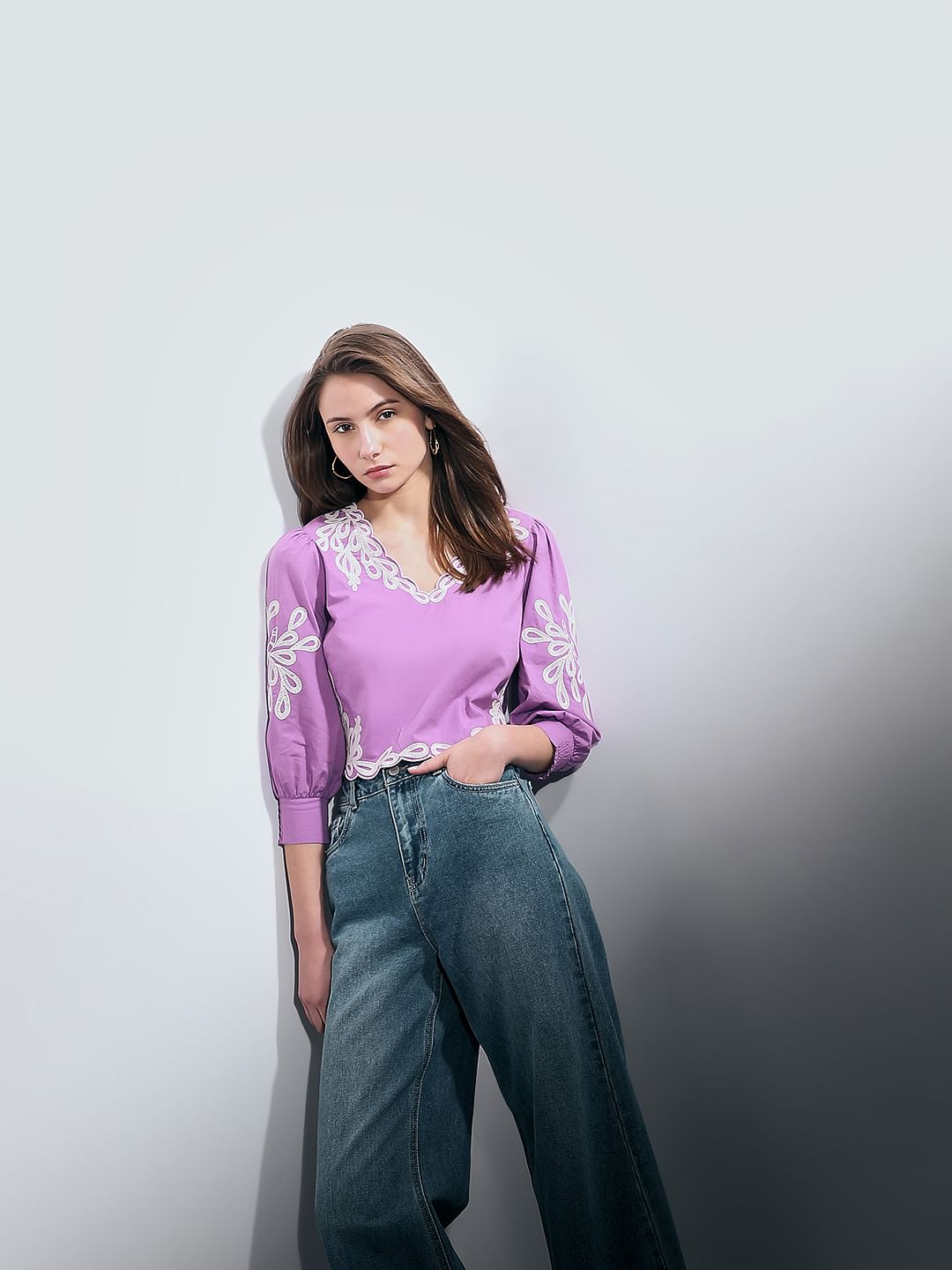 Purple Embroidered Cotton Top