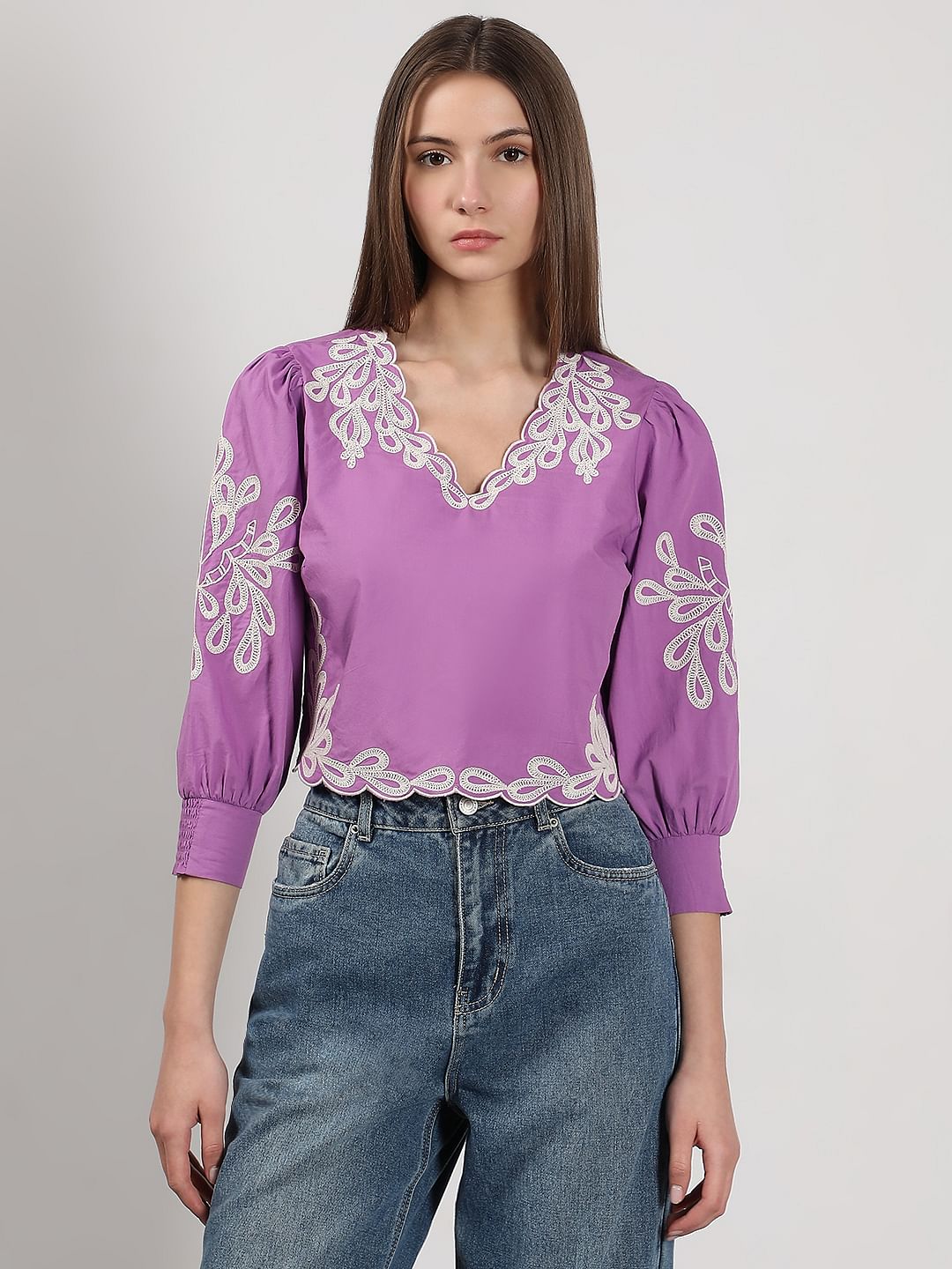 Purple Embroidered Cotton Top
