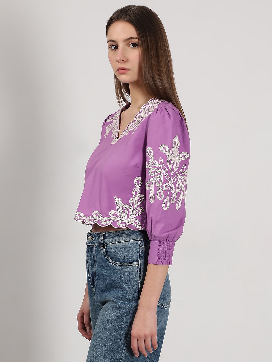 Purple Embroidered Cotton Top
