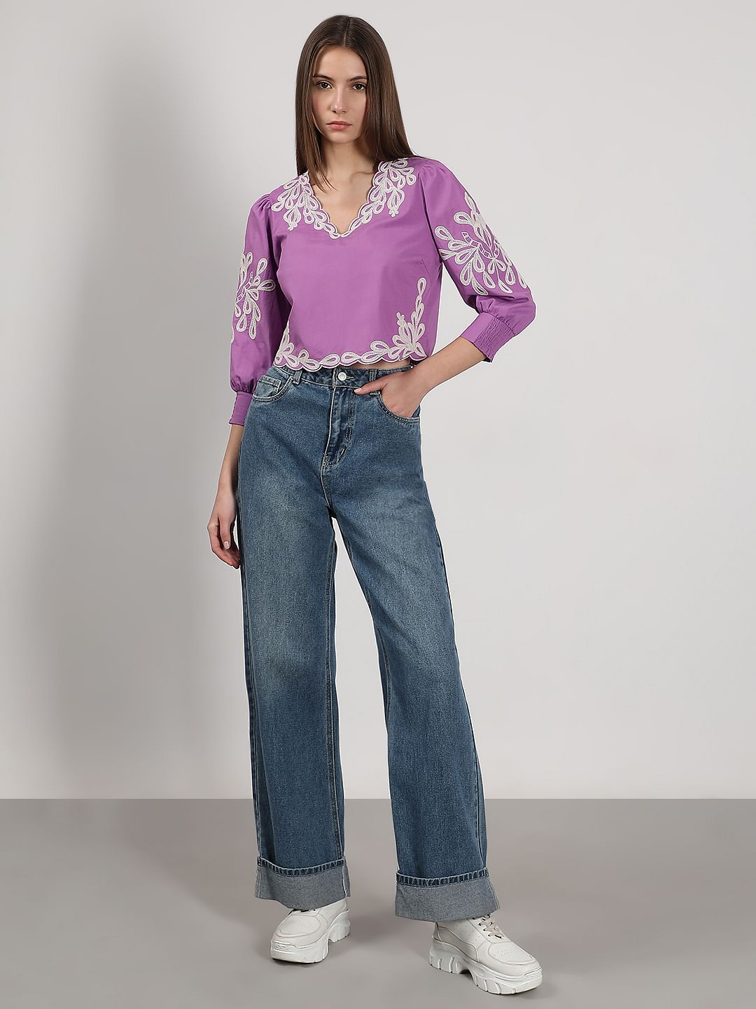 Purple Embroidered Cotton Top