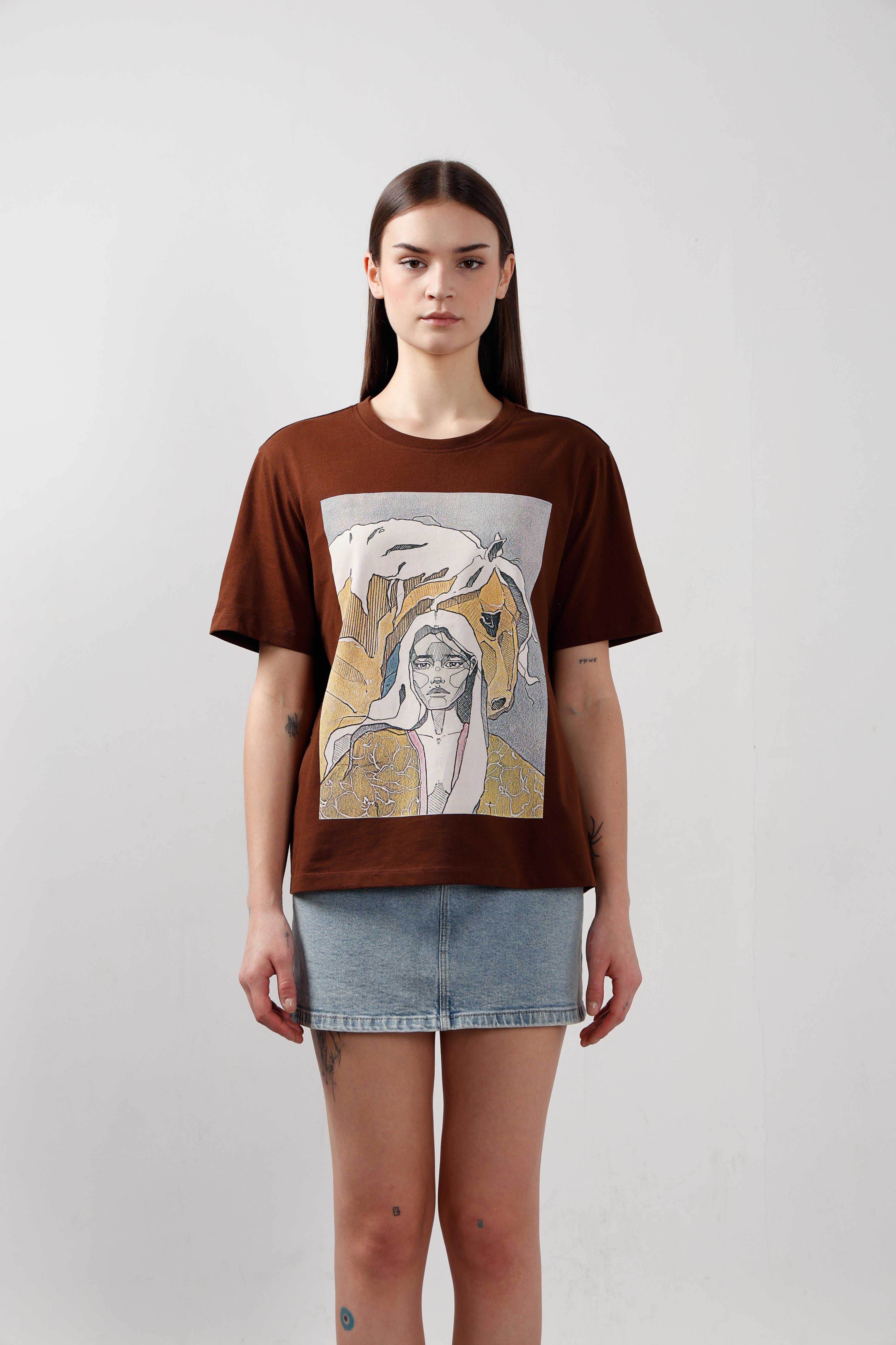 Vero Moda Dark Brown Printed Cotton T-Shirt