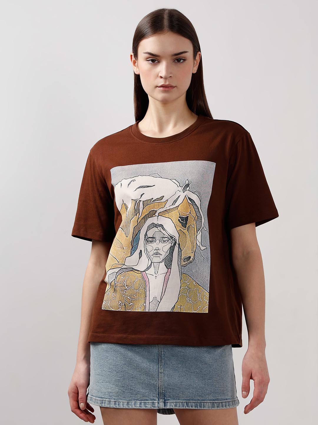 Vero Moda Dark Brown Printed Cotton T-Shirt