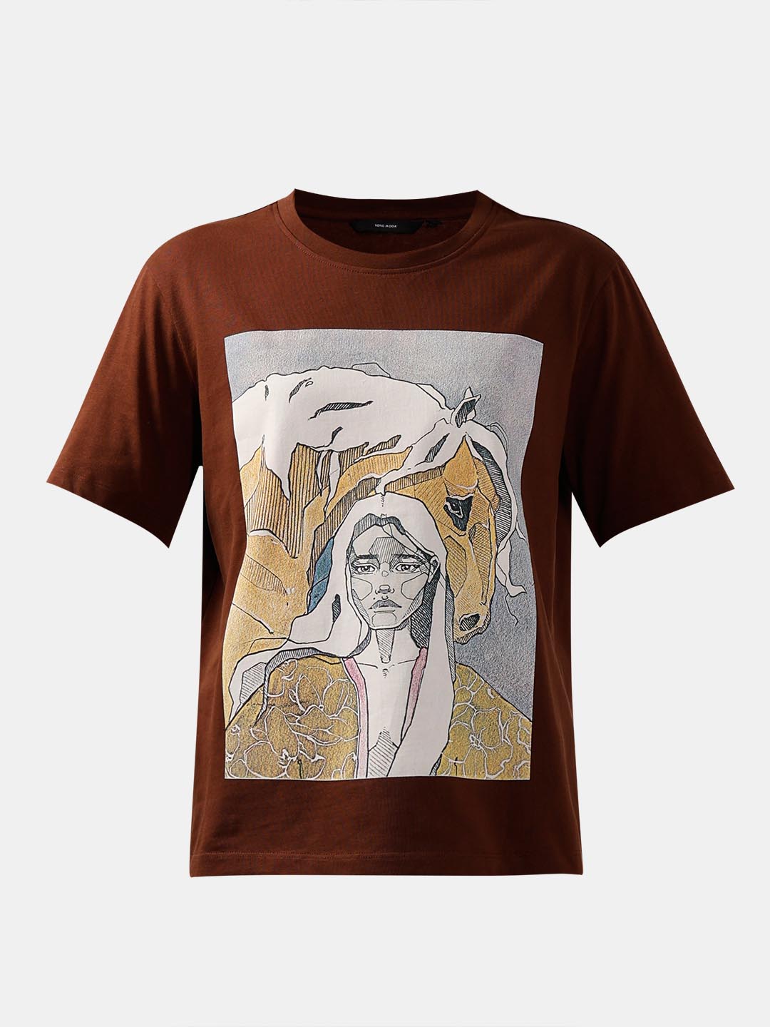 Vero Moda Dark Brown Printed Cotton T-Shirt