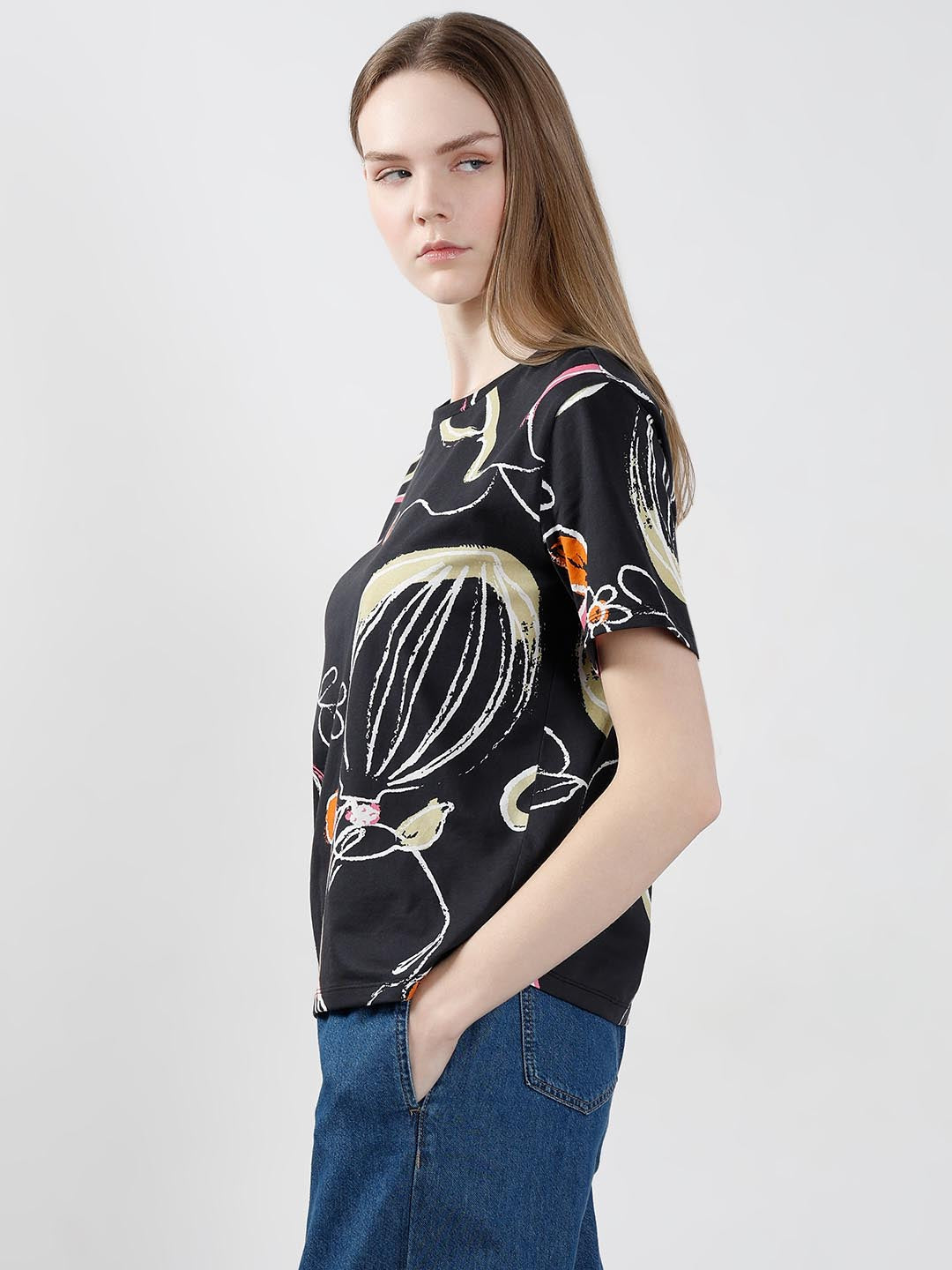Vero Moda Black Printed Cotton T-Shirt
