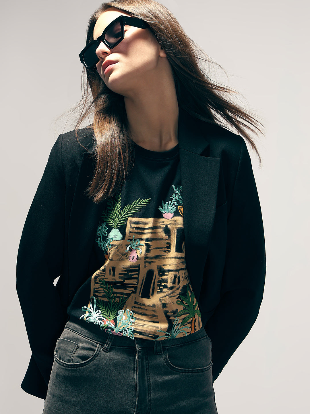 VERO MODA Black Printed Cotton T-shirt