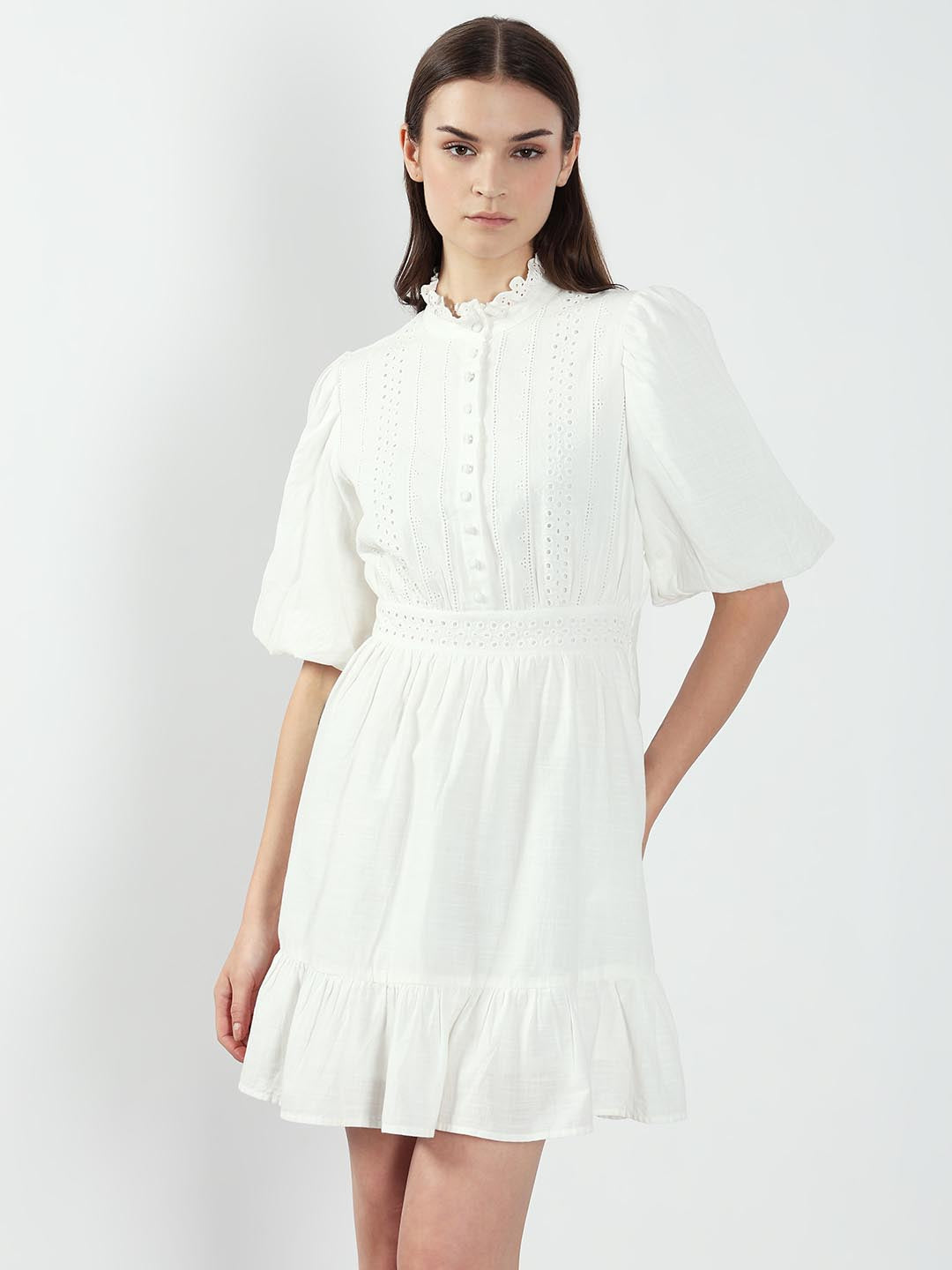 White Lace Cotton Short Dress