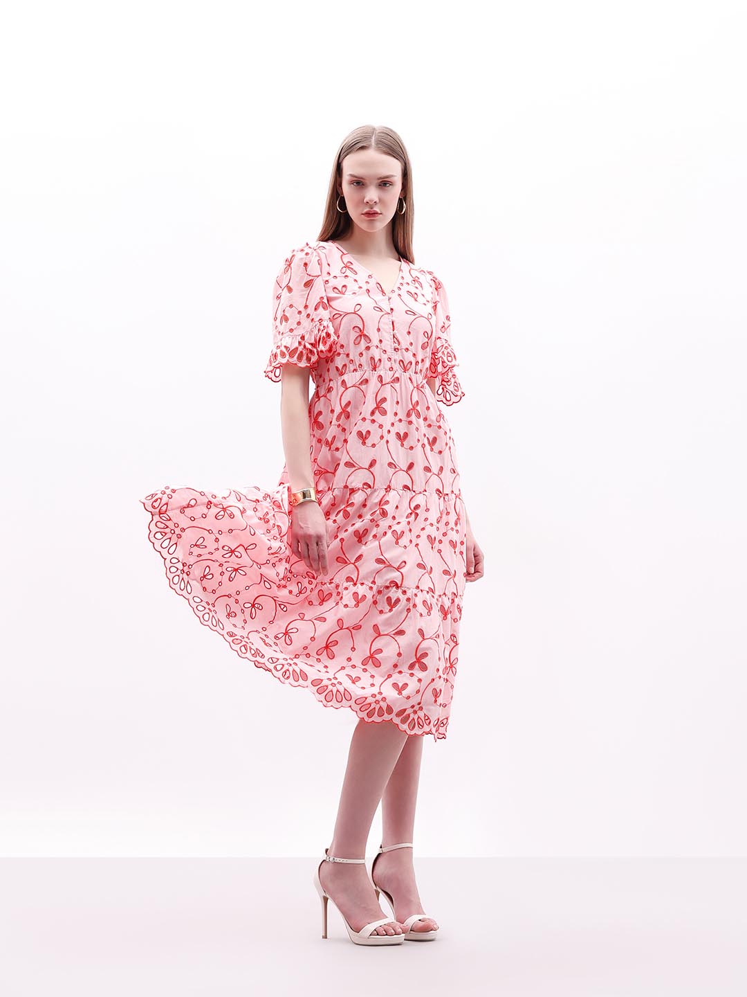 Vero Moda Pink Schiffli Embroidered Dress