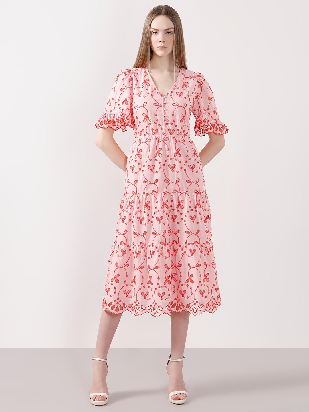 Vero Moda Pink Schiffli Embroidered Dress
