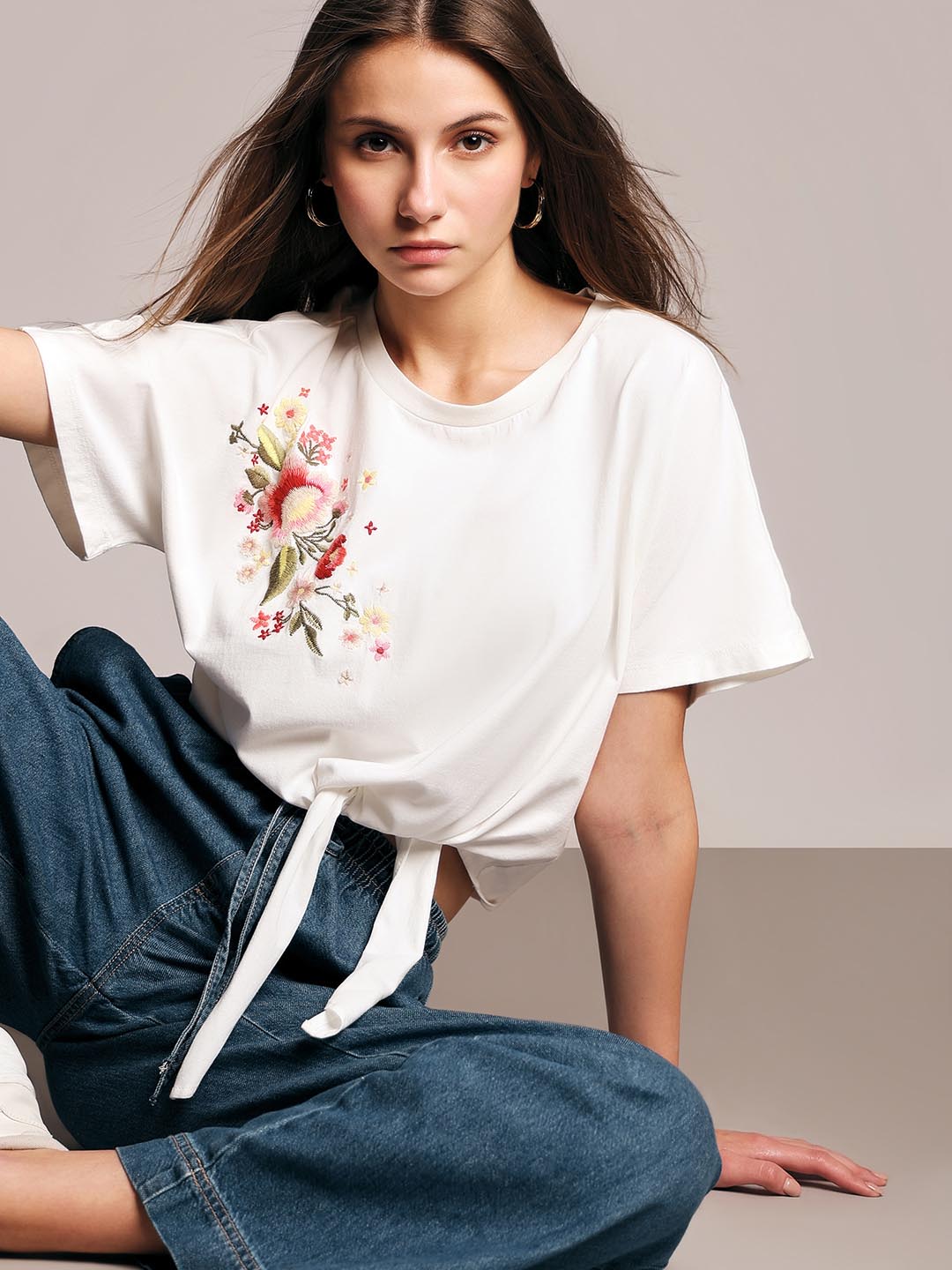 Vero Moda White Embroidered Print T-Shirt