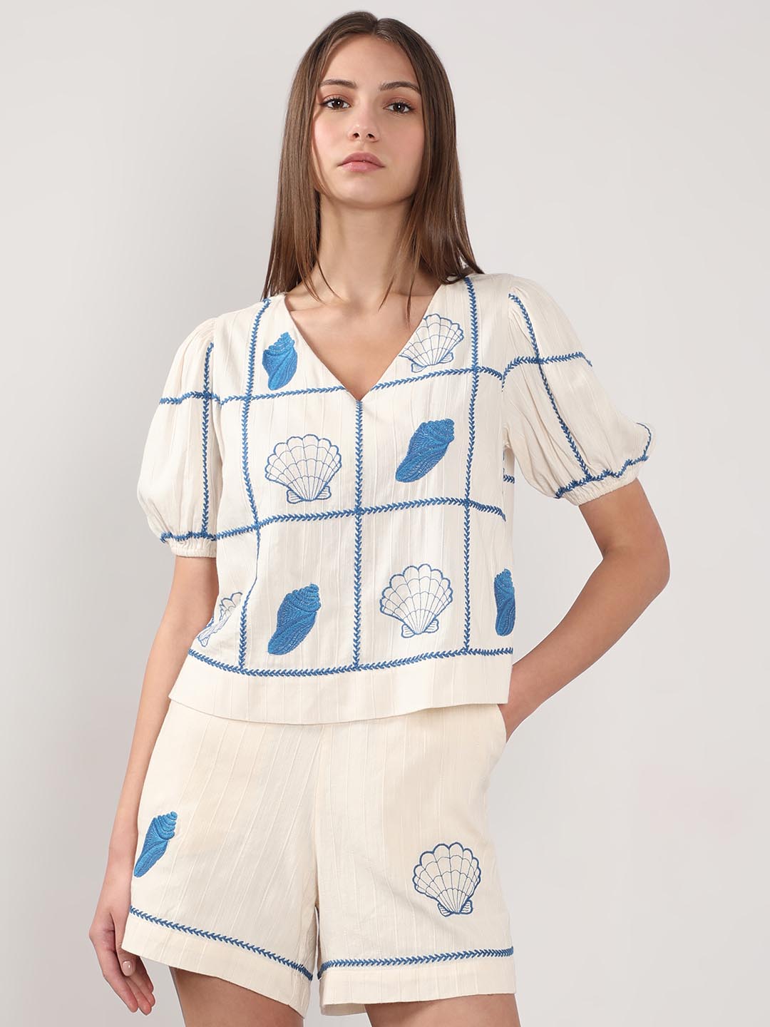 Vero Moda Ecru Embroidered Co-Ord Set Top