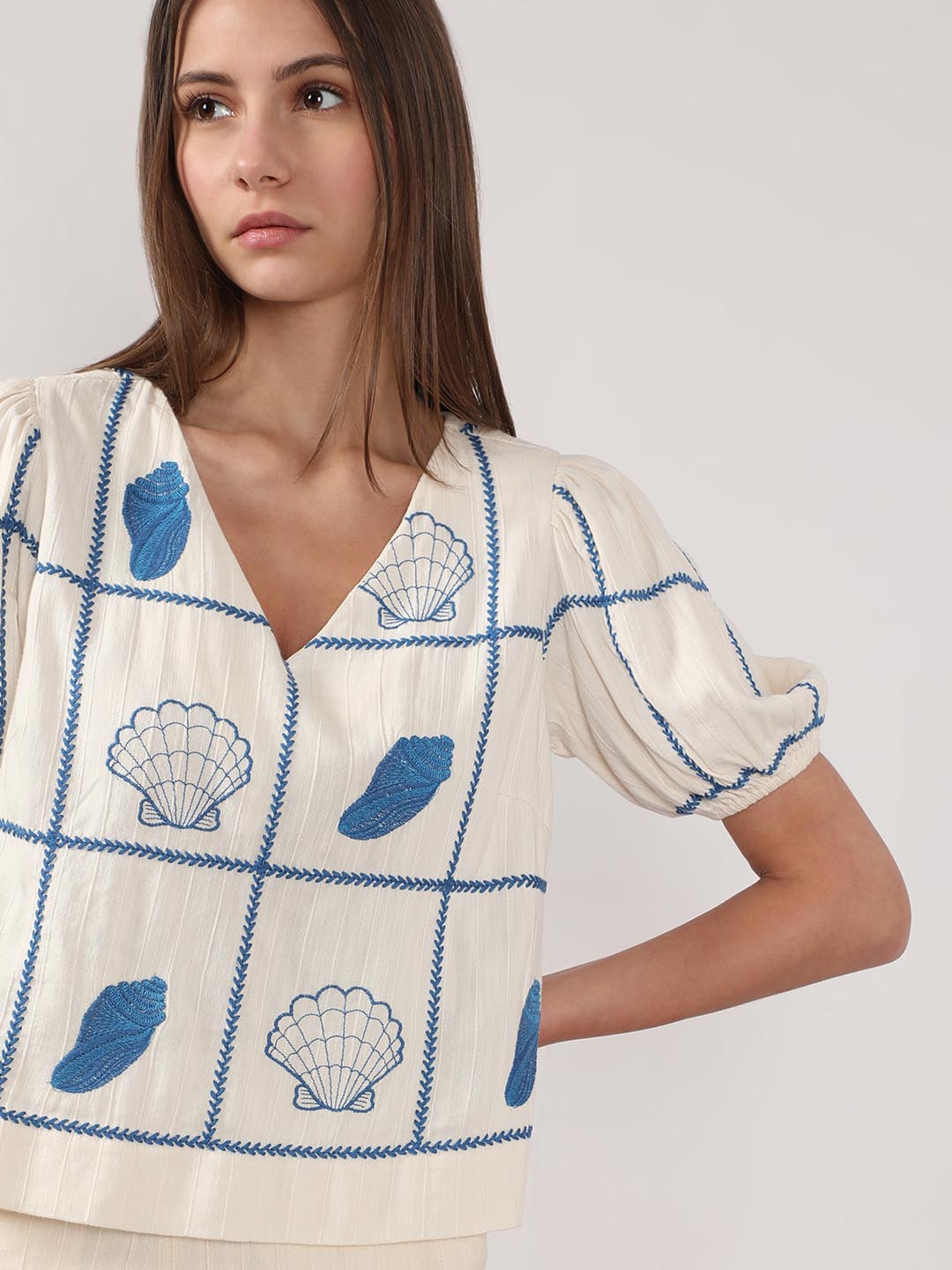 Vero Moda Ecru Embroidered Co-Ord Set Top