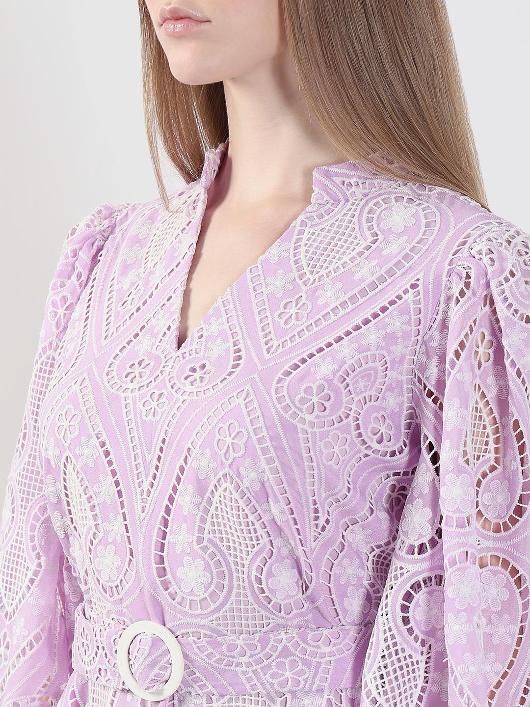 Lilac Schiffli Embroidered Mini Dress