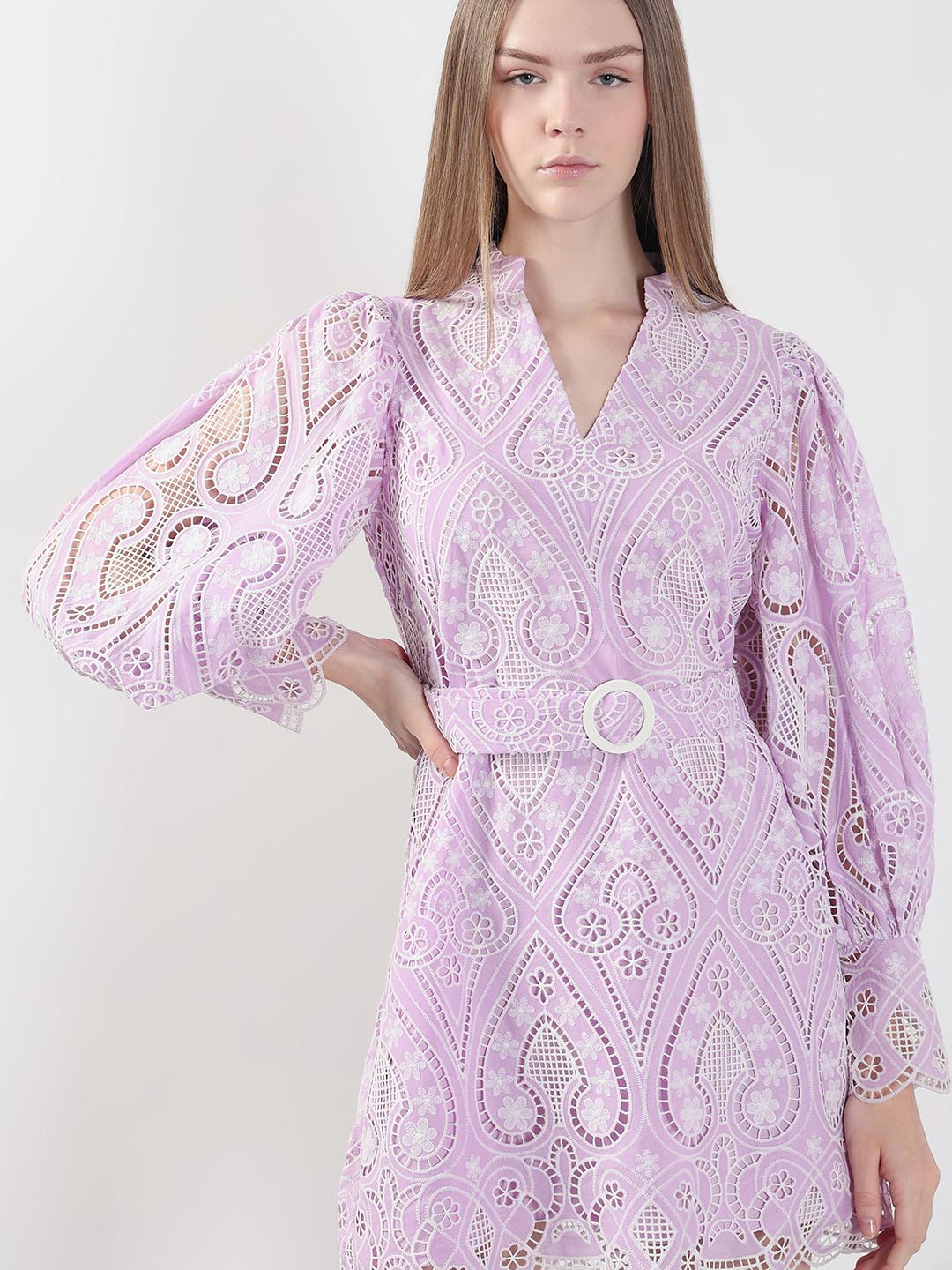 Lilac Schiffli Embroidered Mini Dress