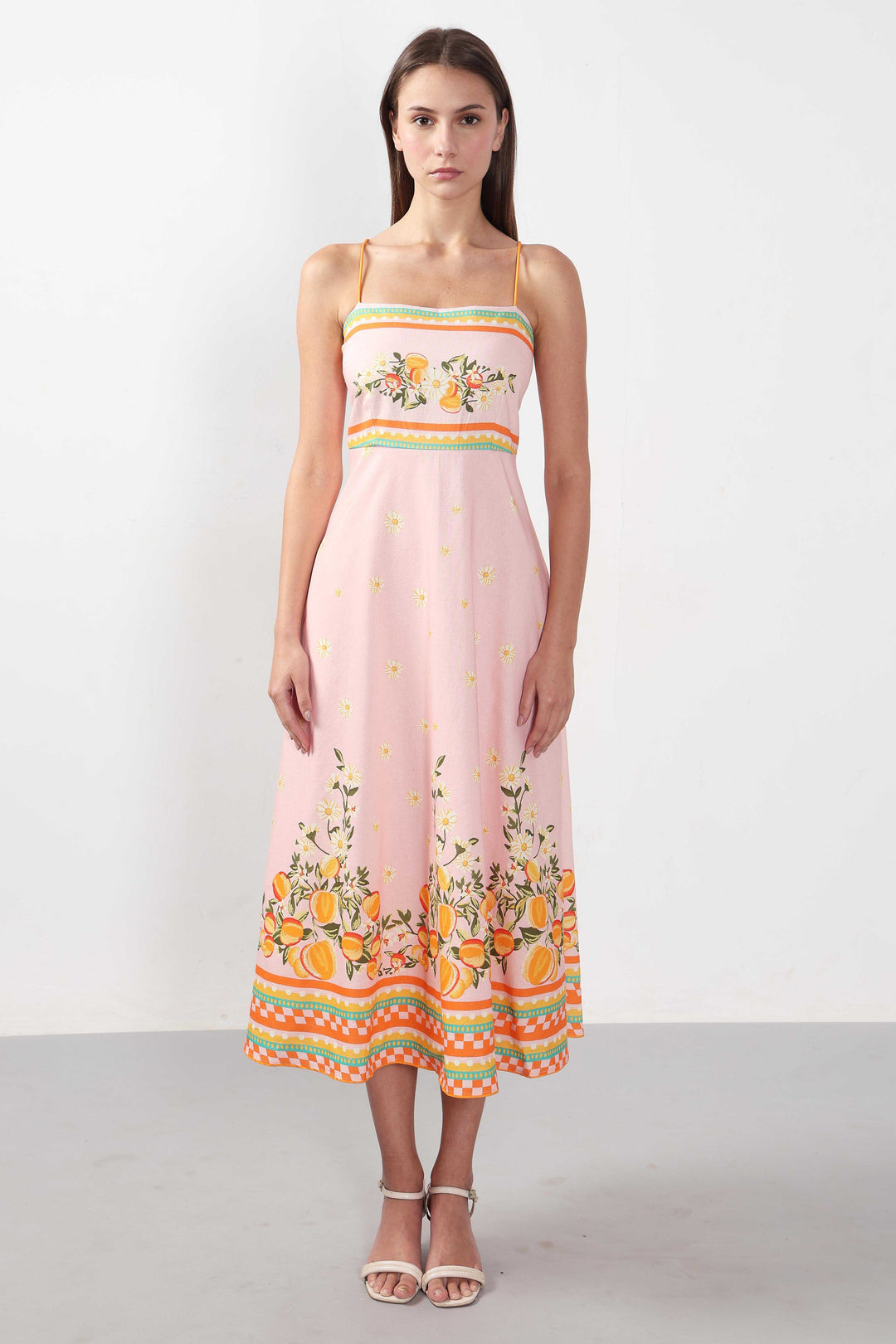 Vero Moda Peach Pink Printed Strappy Midi Dress